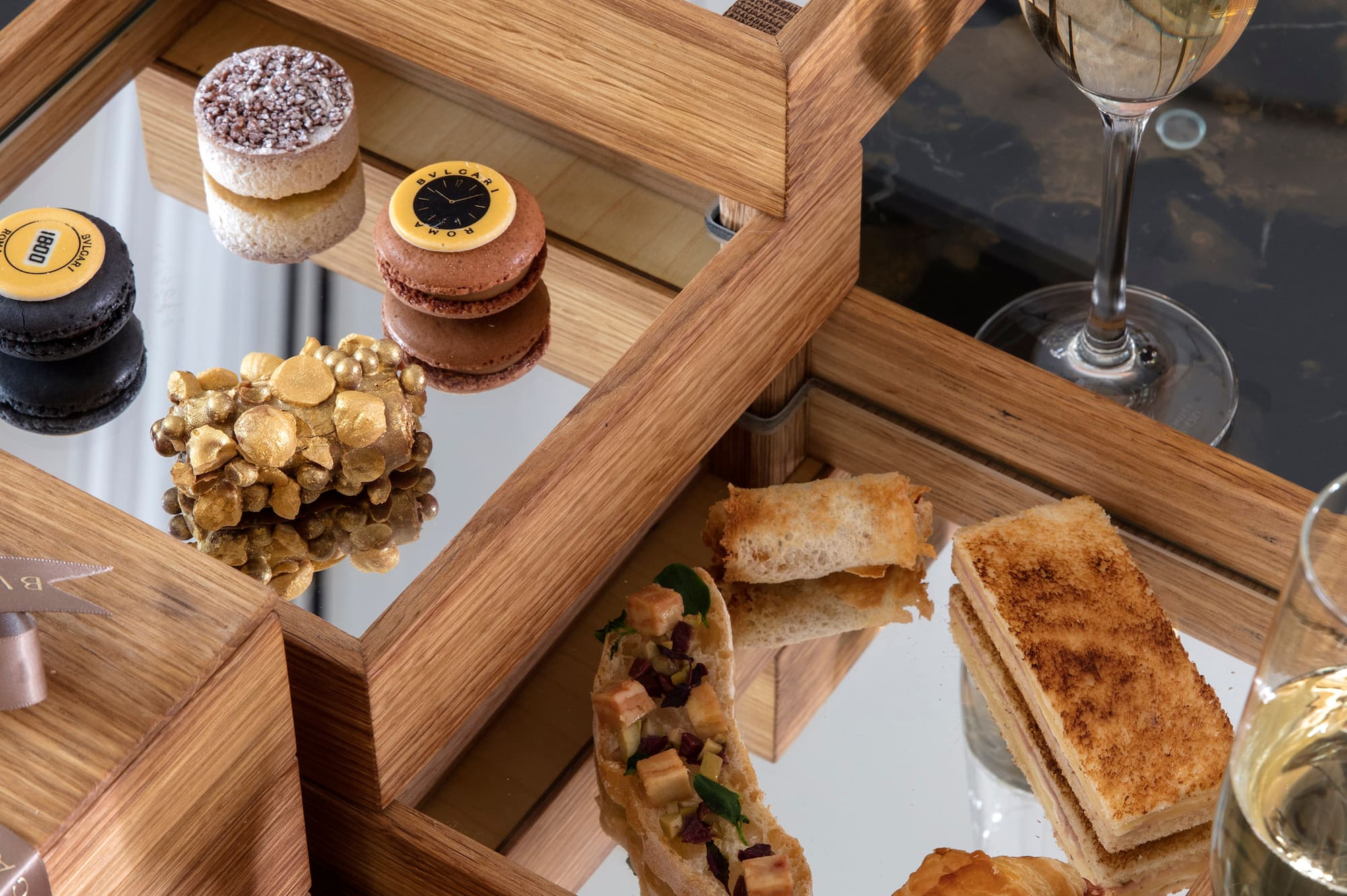 a wooden box with food on it