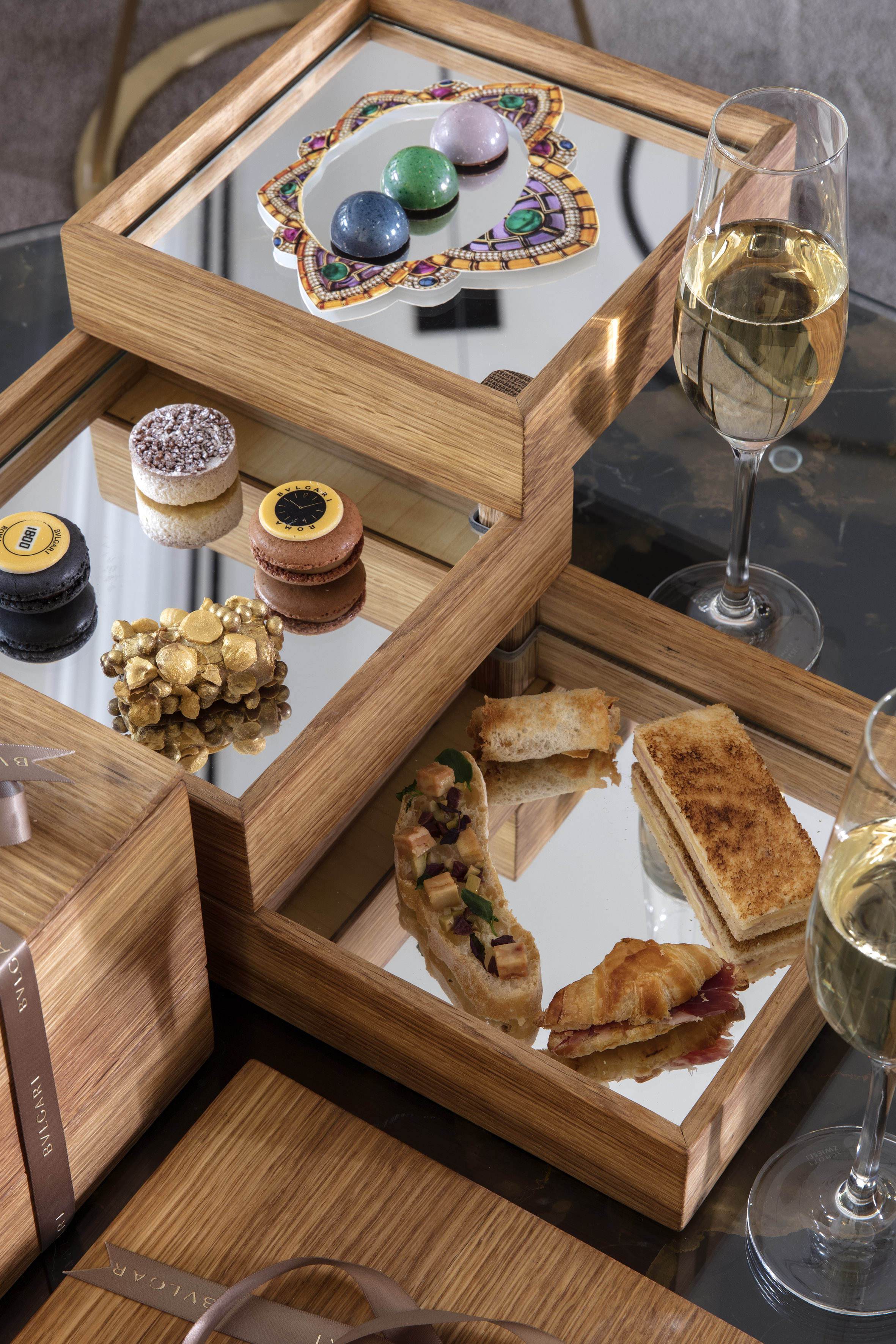 a wooden box with food on it
