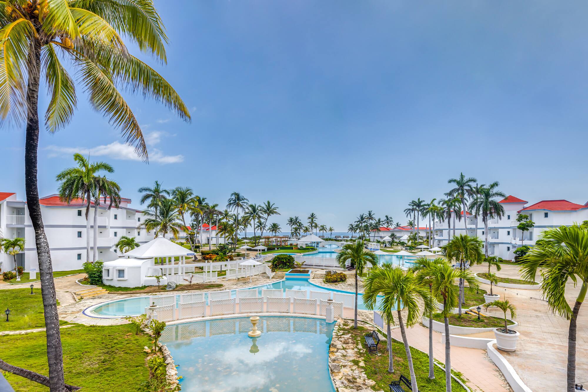 a pool with palm trees and buildings