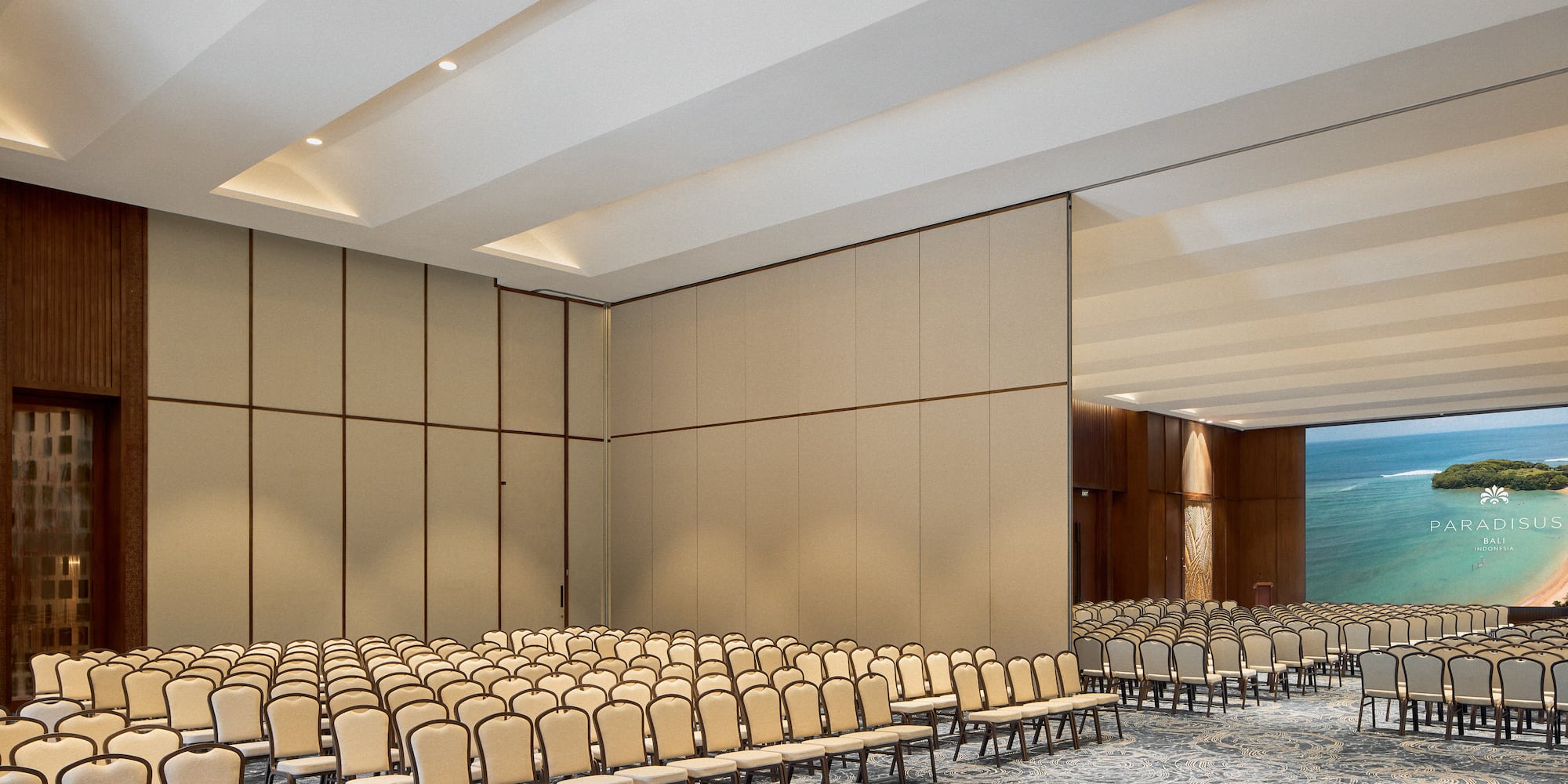 a large room with rows of chairs