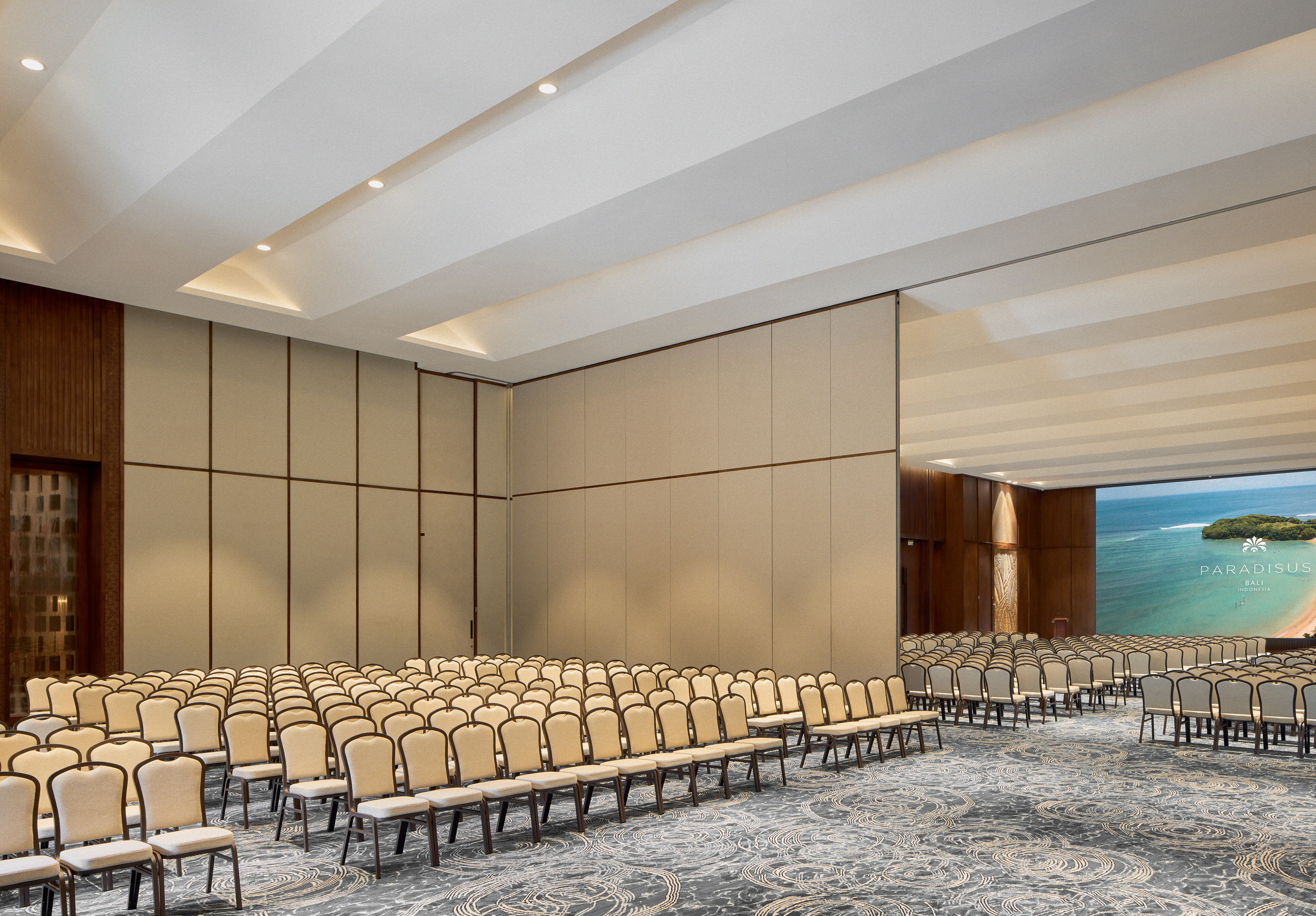 a large room with rows of chairs