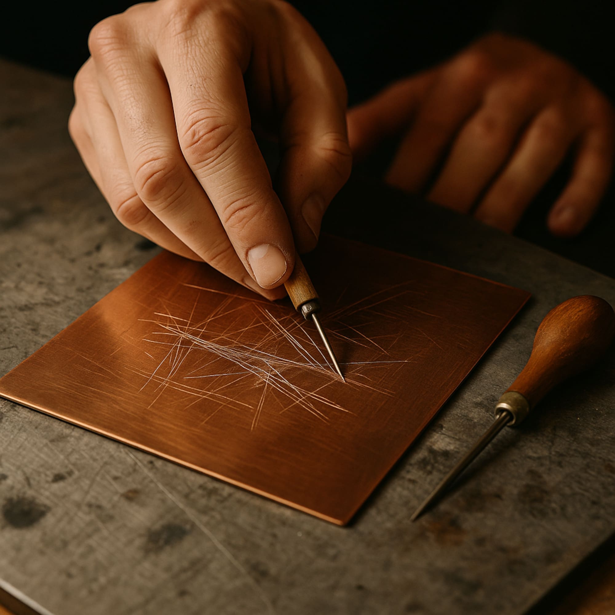 a person drawing on a copper plate