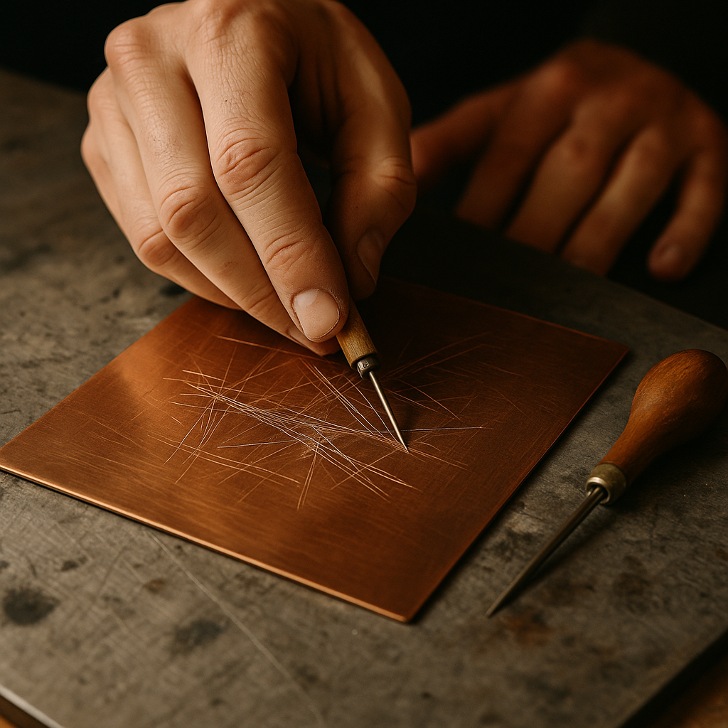 a person drawing on a copper plate