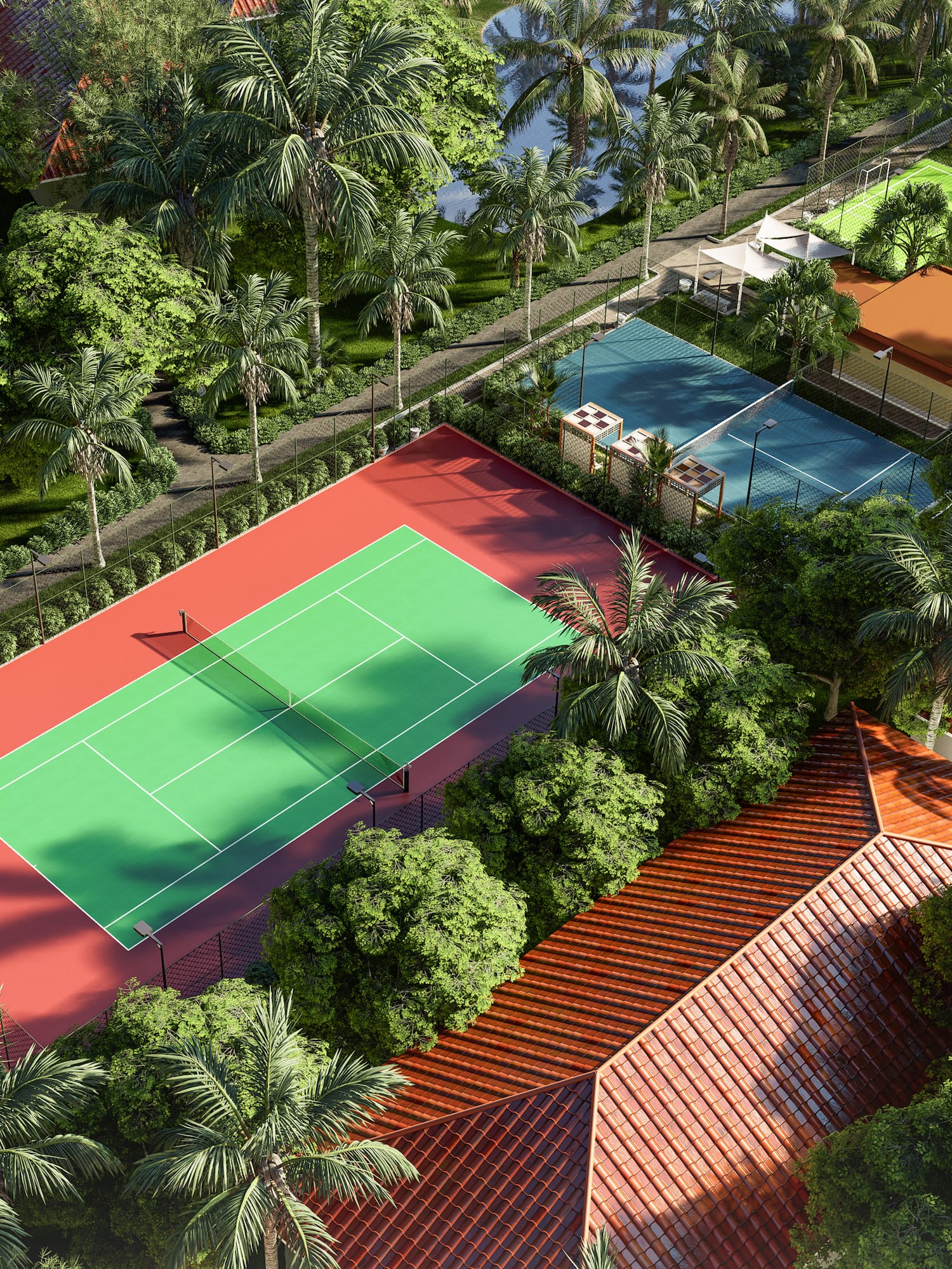 a tennis court surrounded by trees