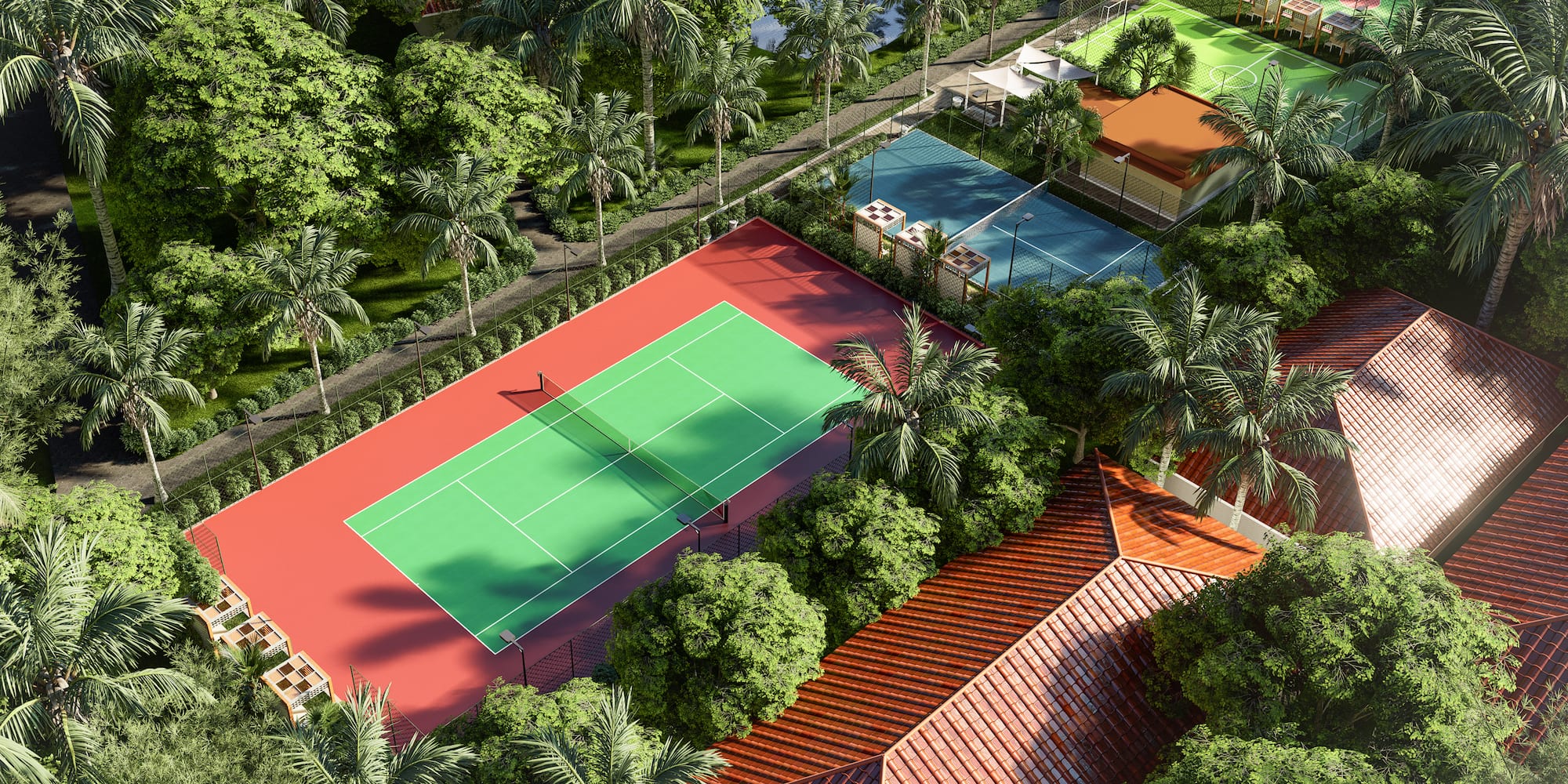 a tennis court surrounded by trees