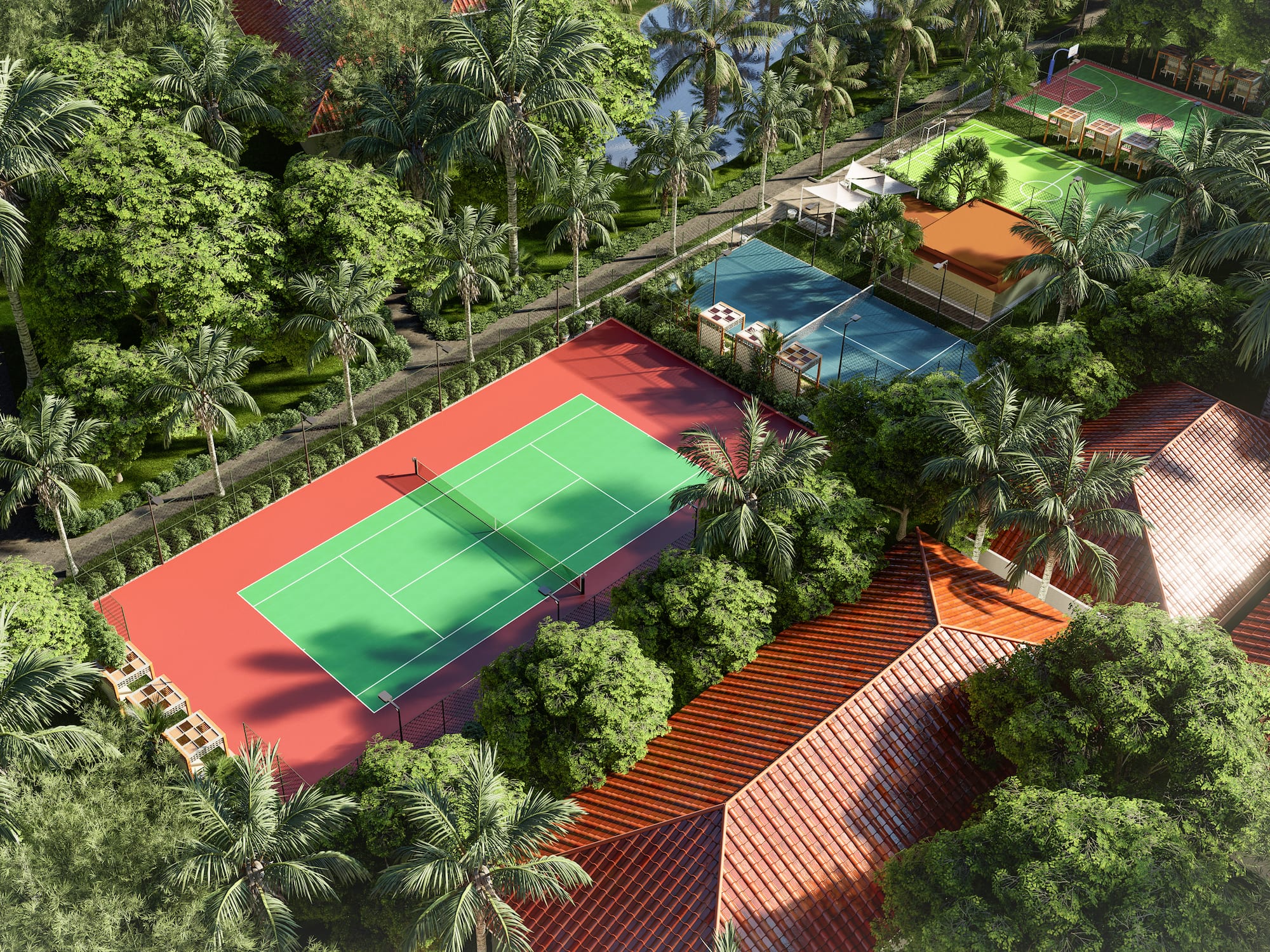a tennis court surrounded by trees