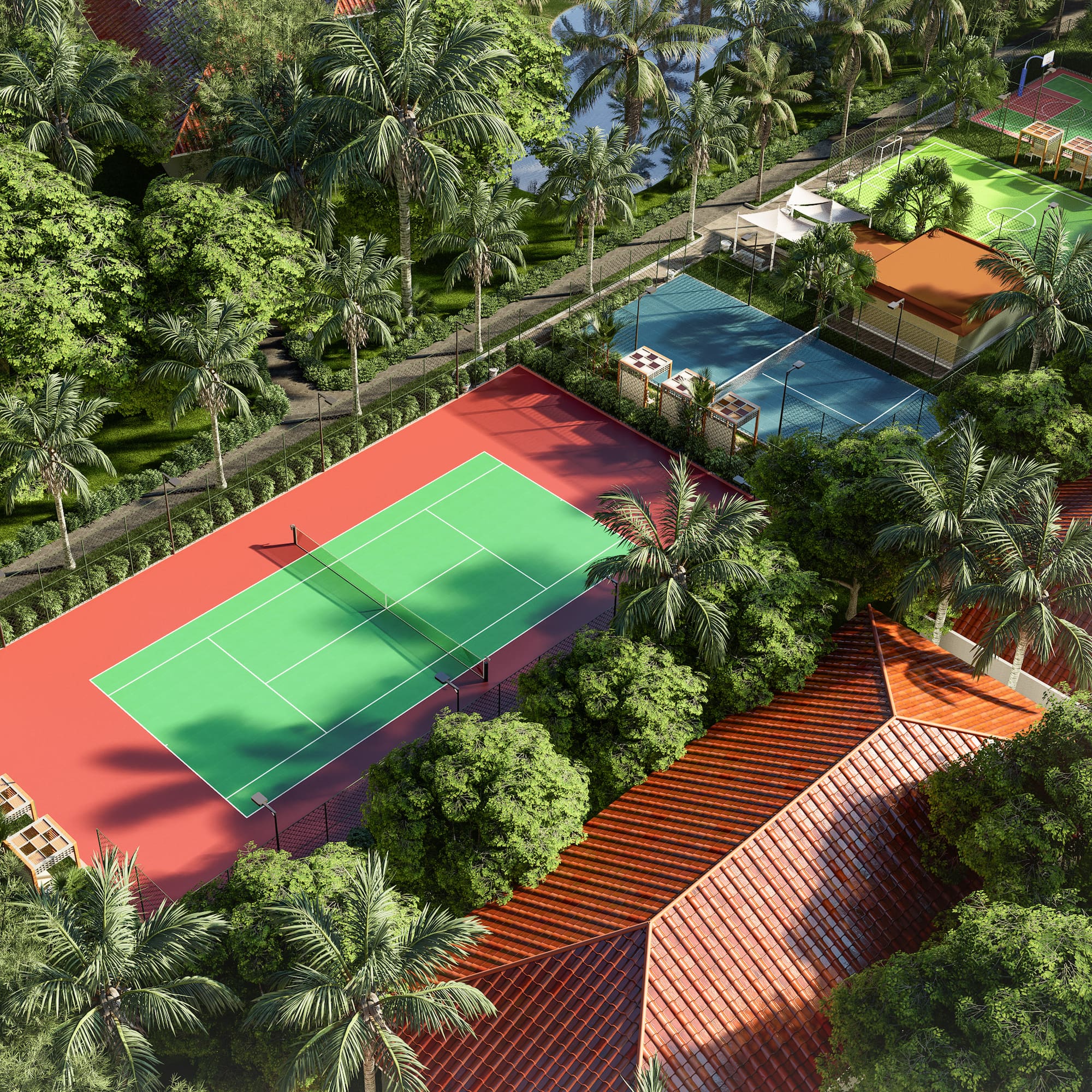 a tennis court surrounded by trees