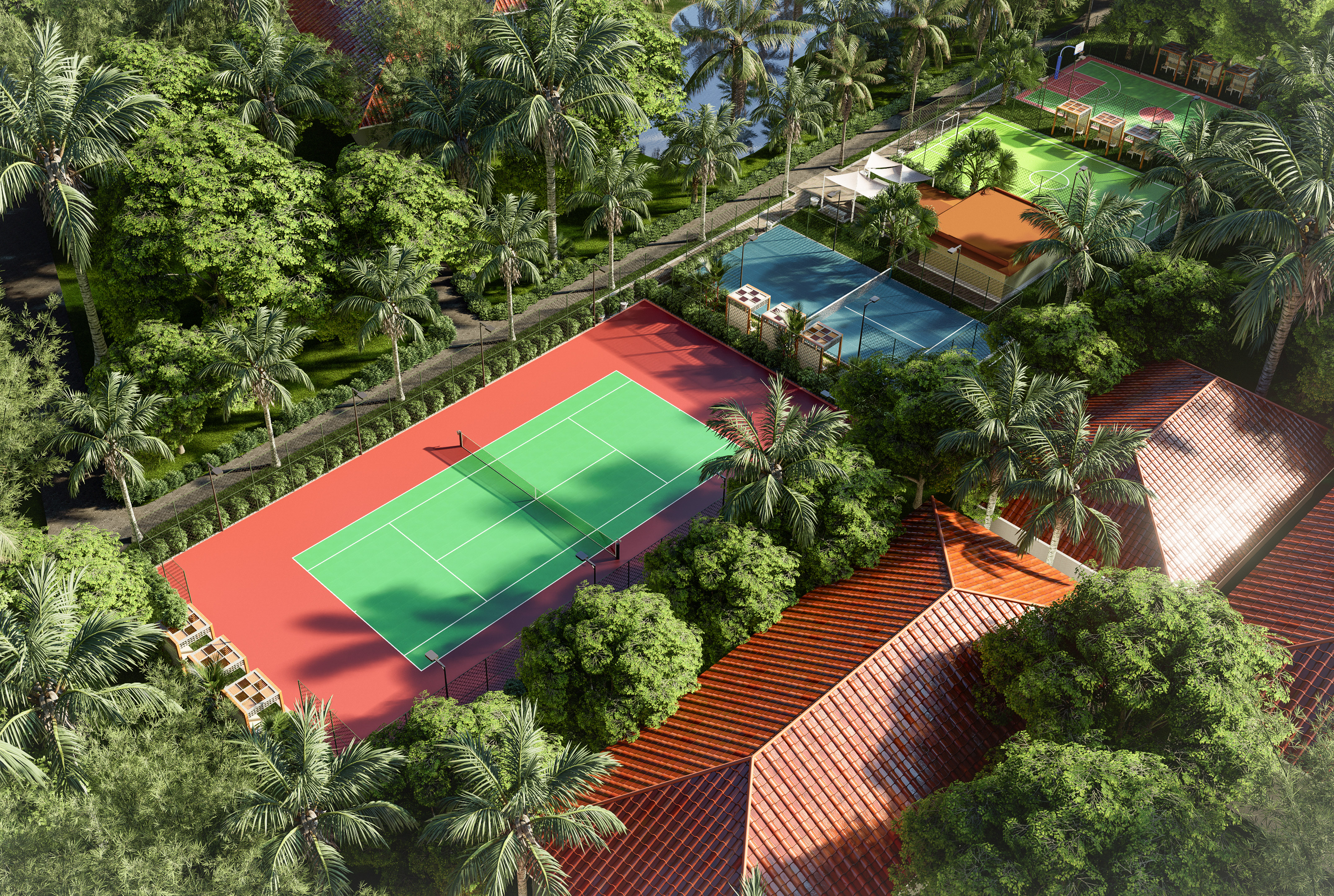 a tennis court surrounded by trees