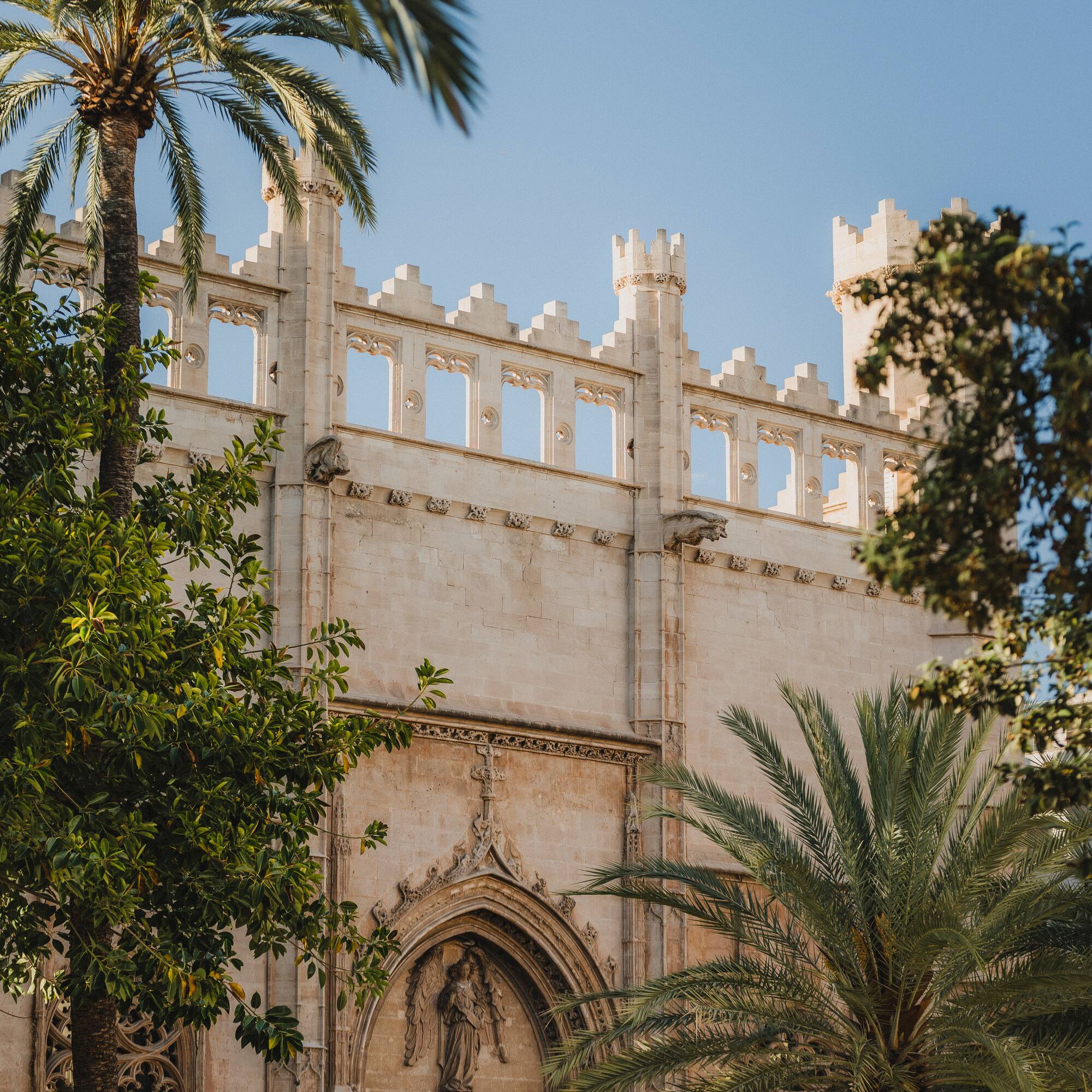 a building with palm trees