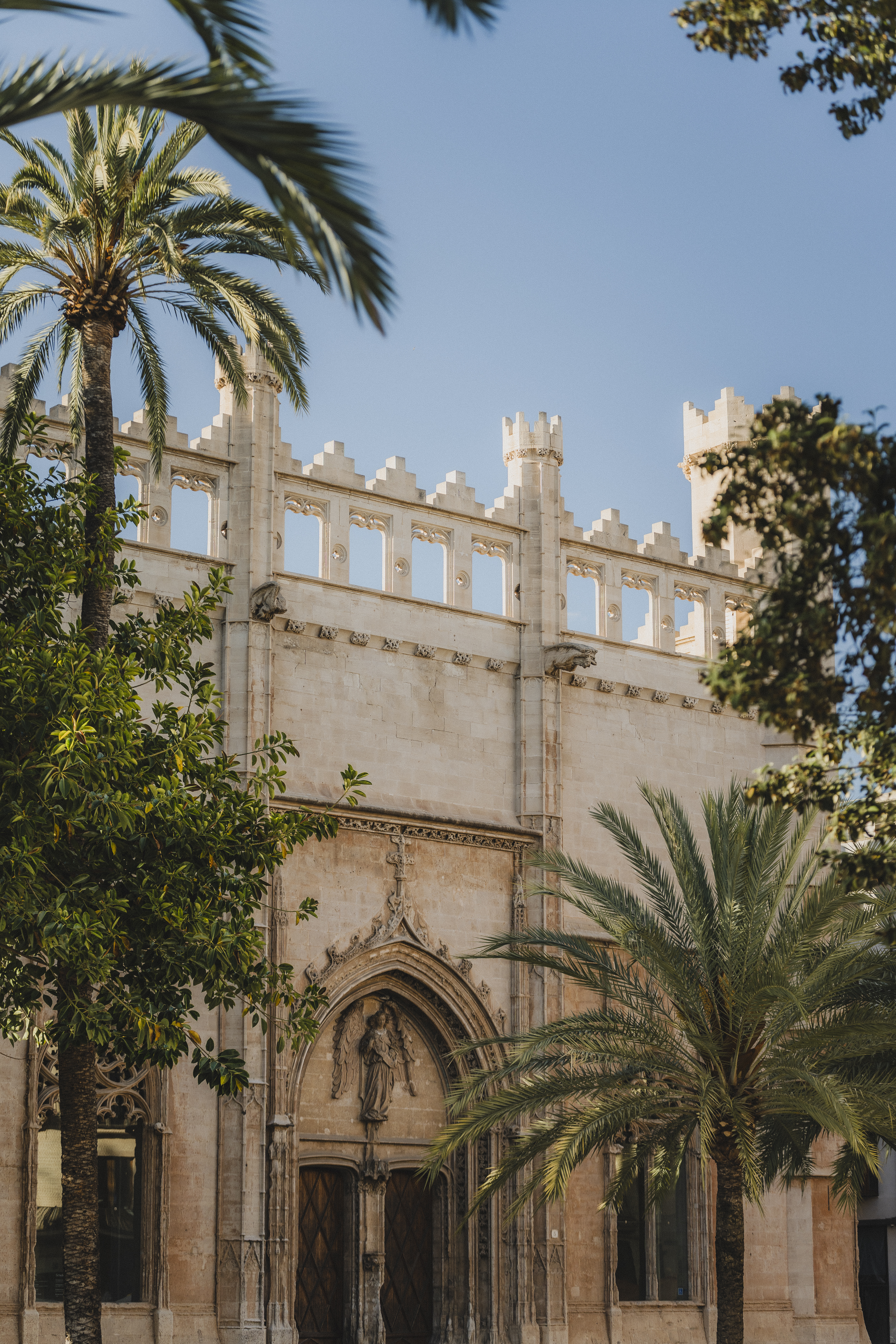 a building with palm trees