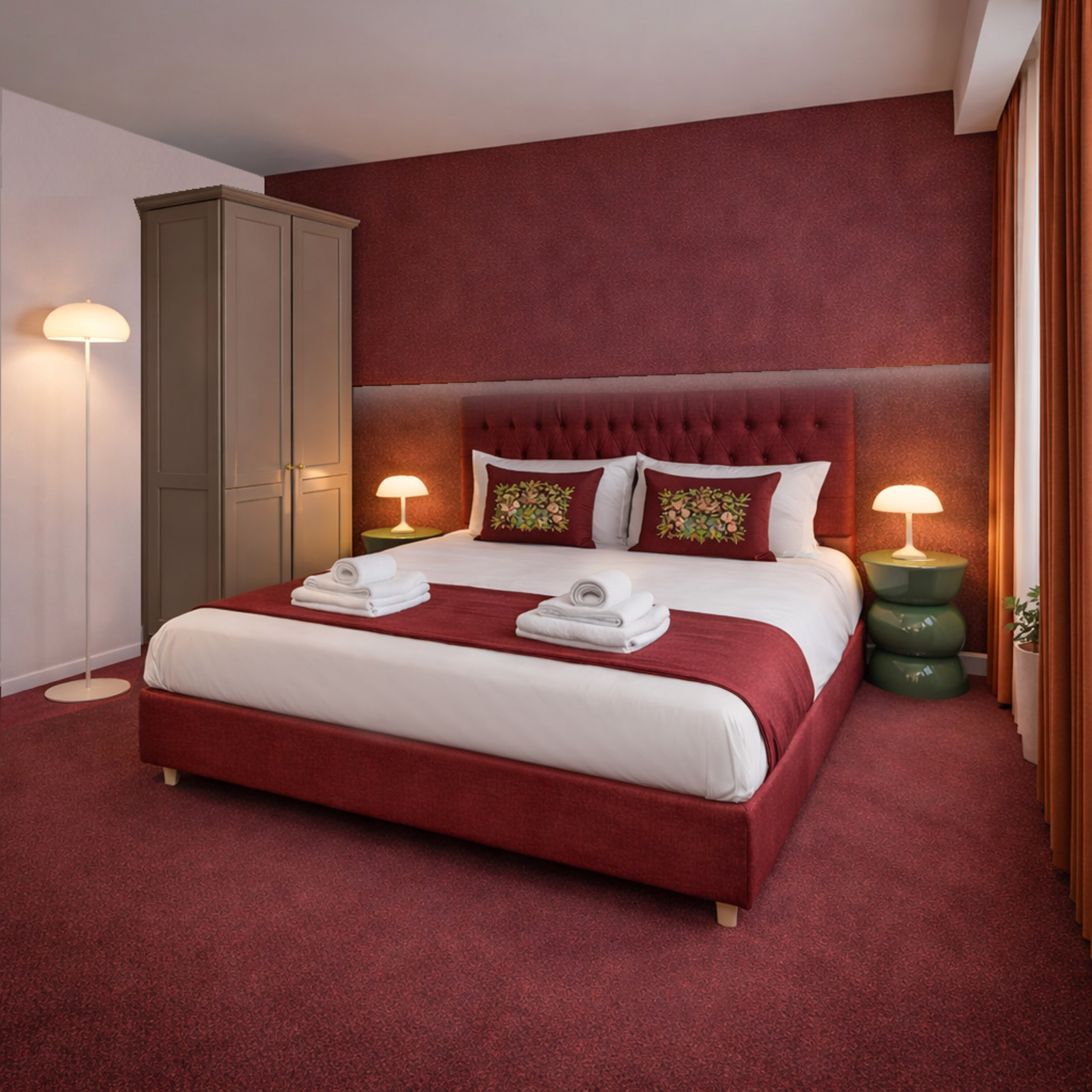 Burgundy hotel bedroom with plush bed, embroidered pillows, and modern furniture.