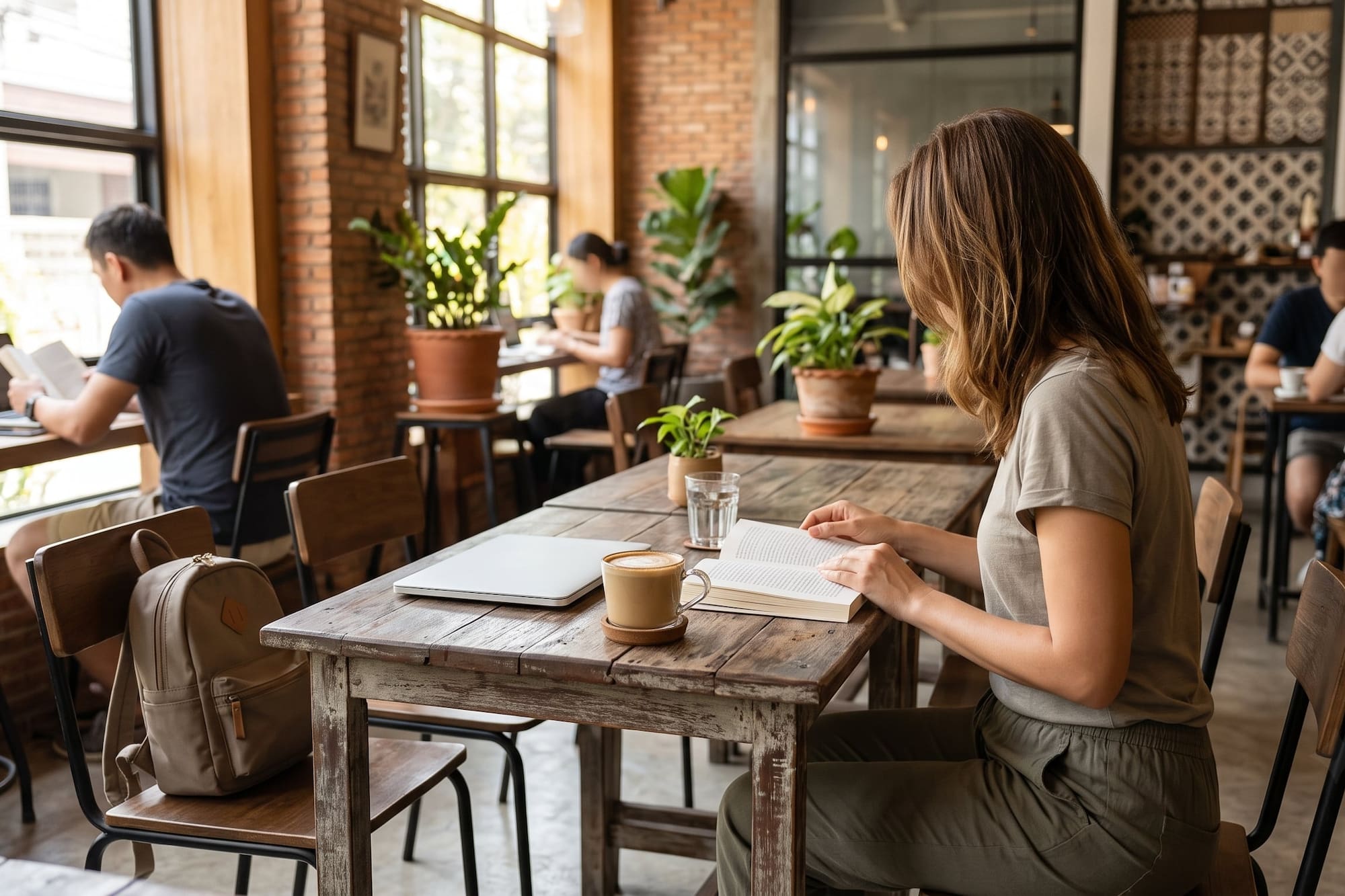 Woman reading book with coffee and laptop in a cozy cafe.