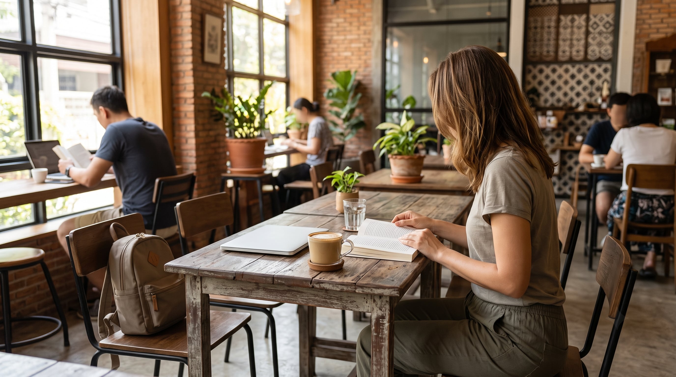 Woman reading book with coffee and laptop in a cozy cafe.