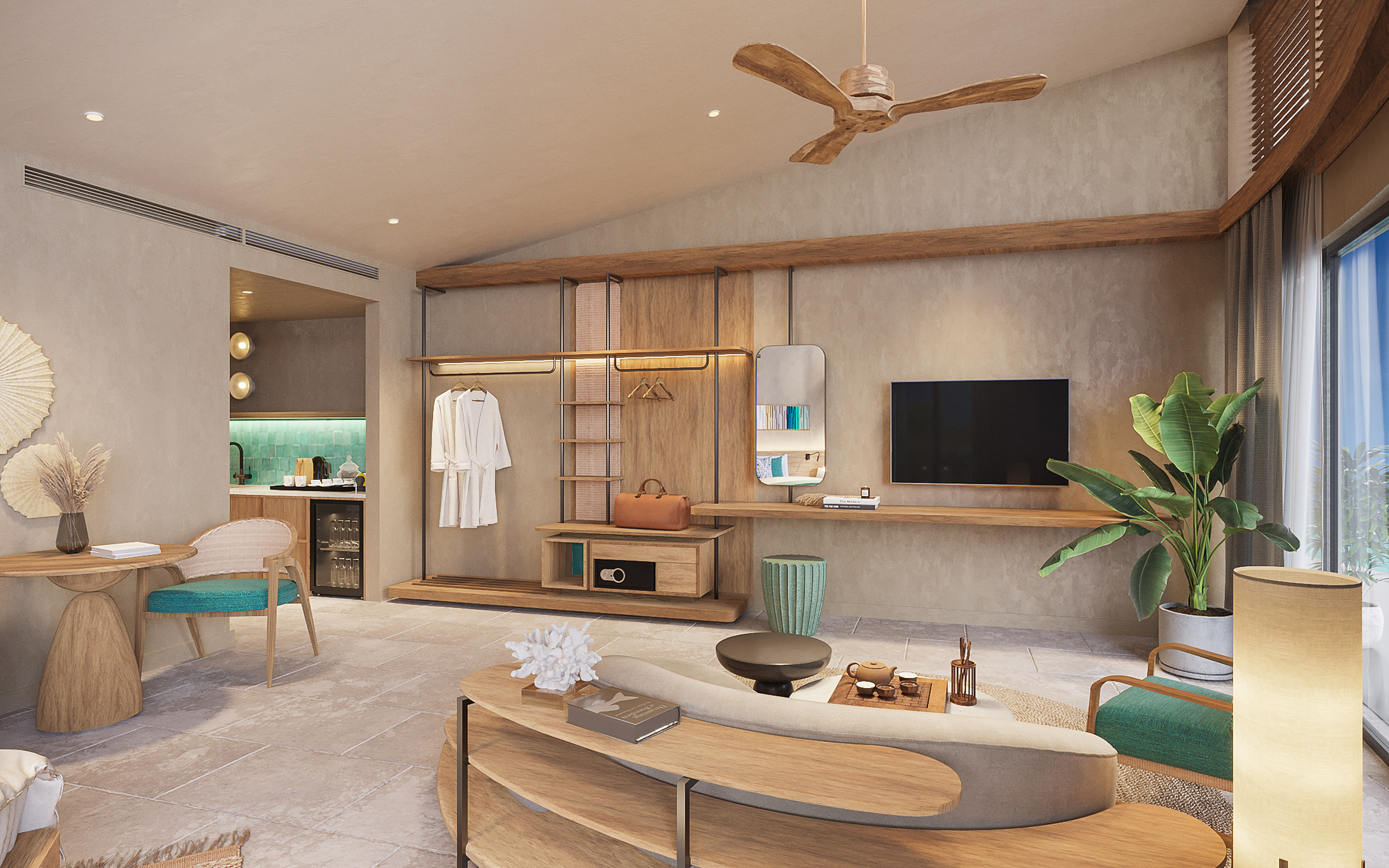 Modern hotel suite living area, kitchenette, wood fan, and resort style decor.