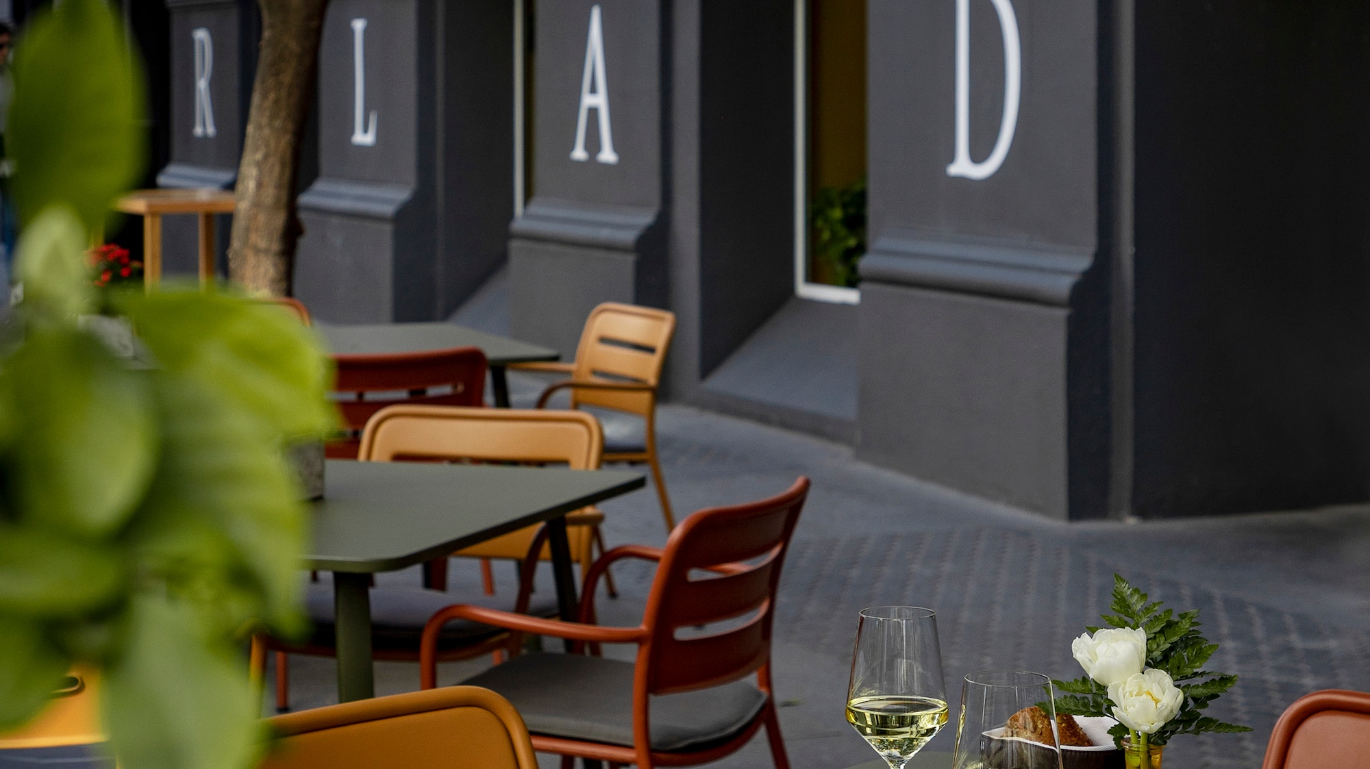 a table with food and wine glasses on it