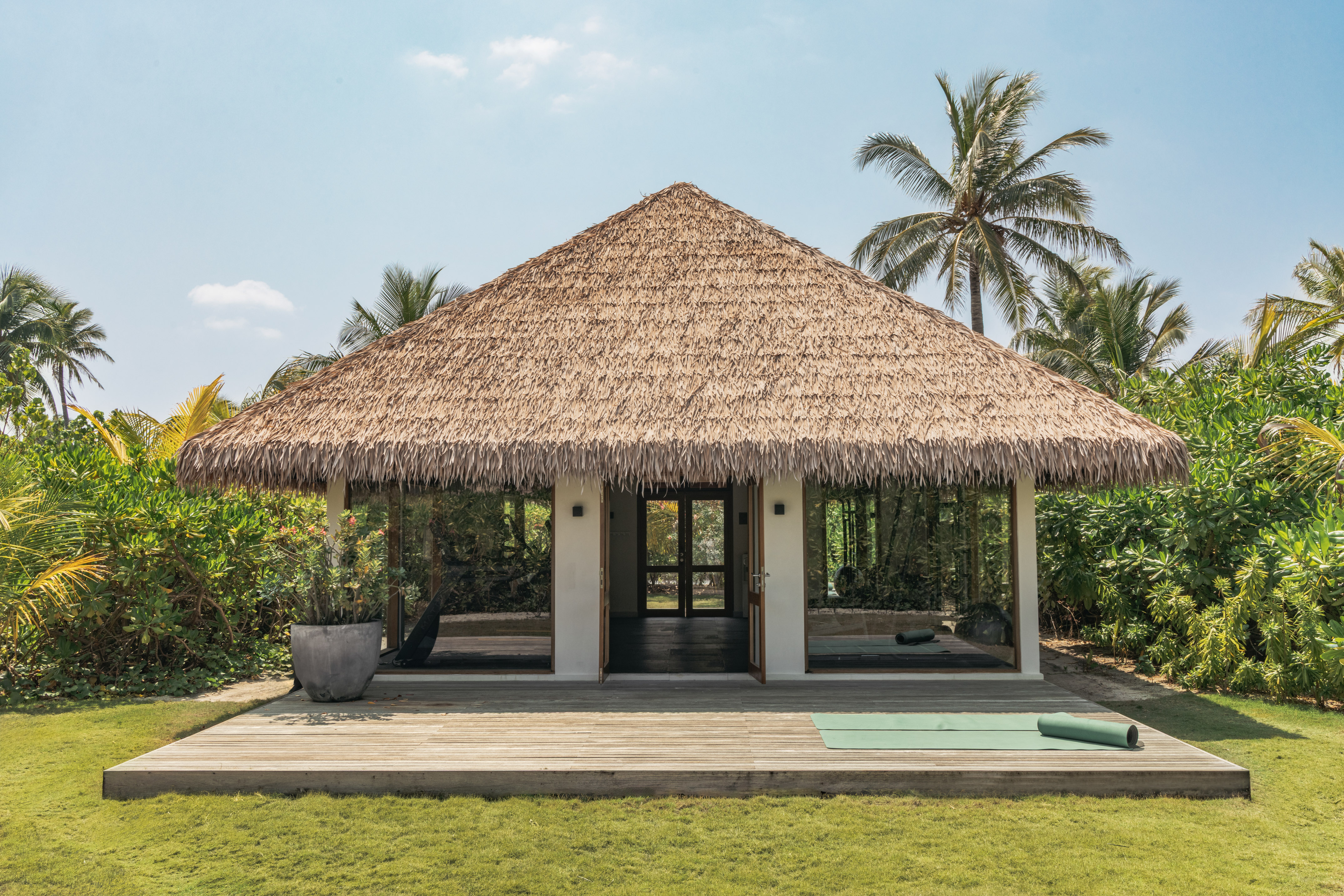 Tropical thatch-roof yoga studio with glass walls, wooden deck, and palm trees.