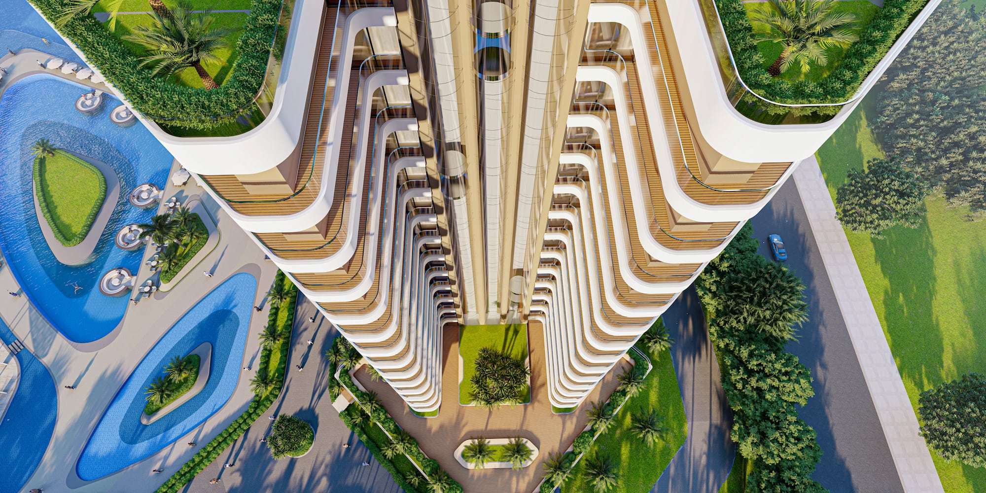 a high rise building with trees and grass