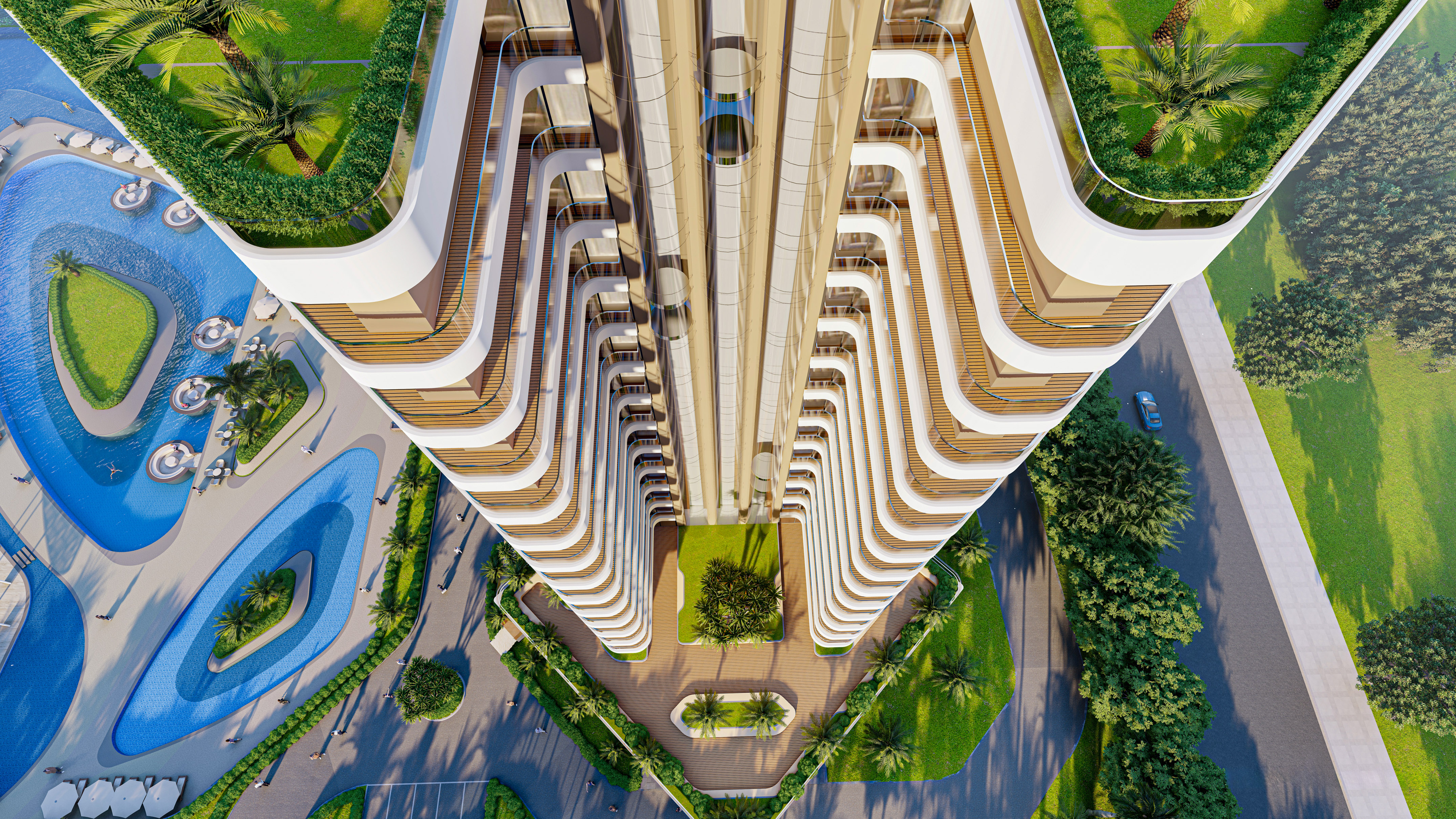 a high rise building with trees and grass