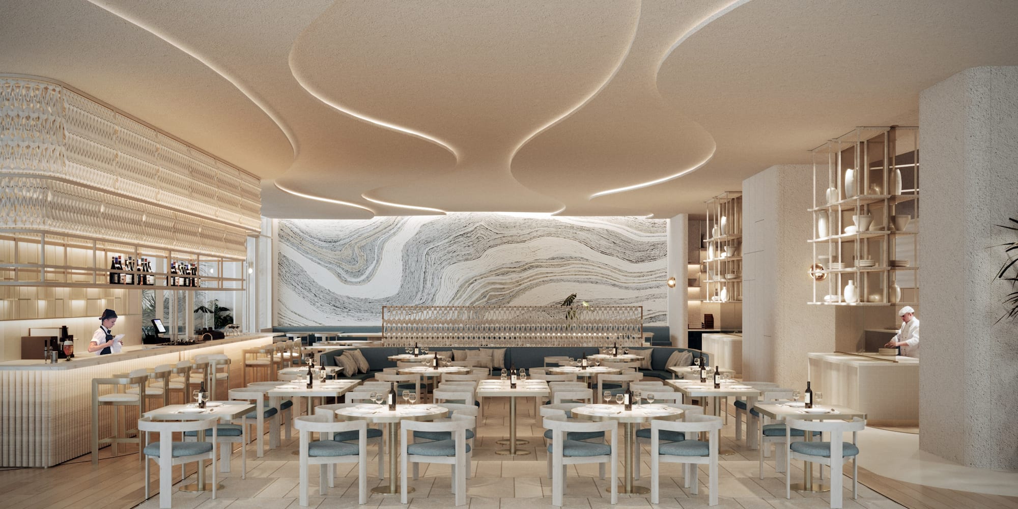 a restaurant with tables and chairs