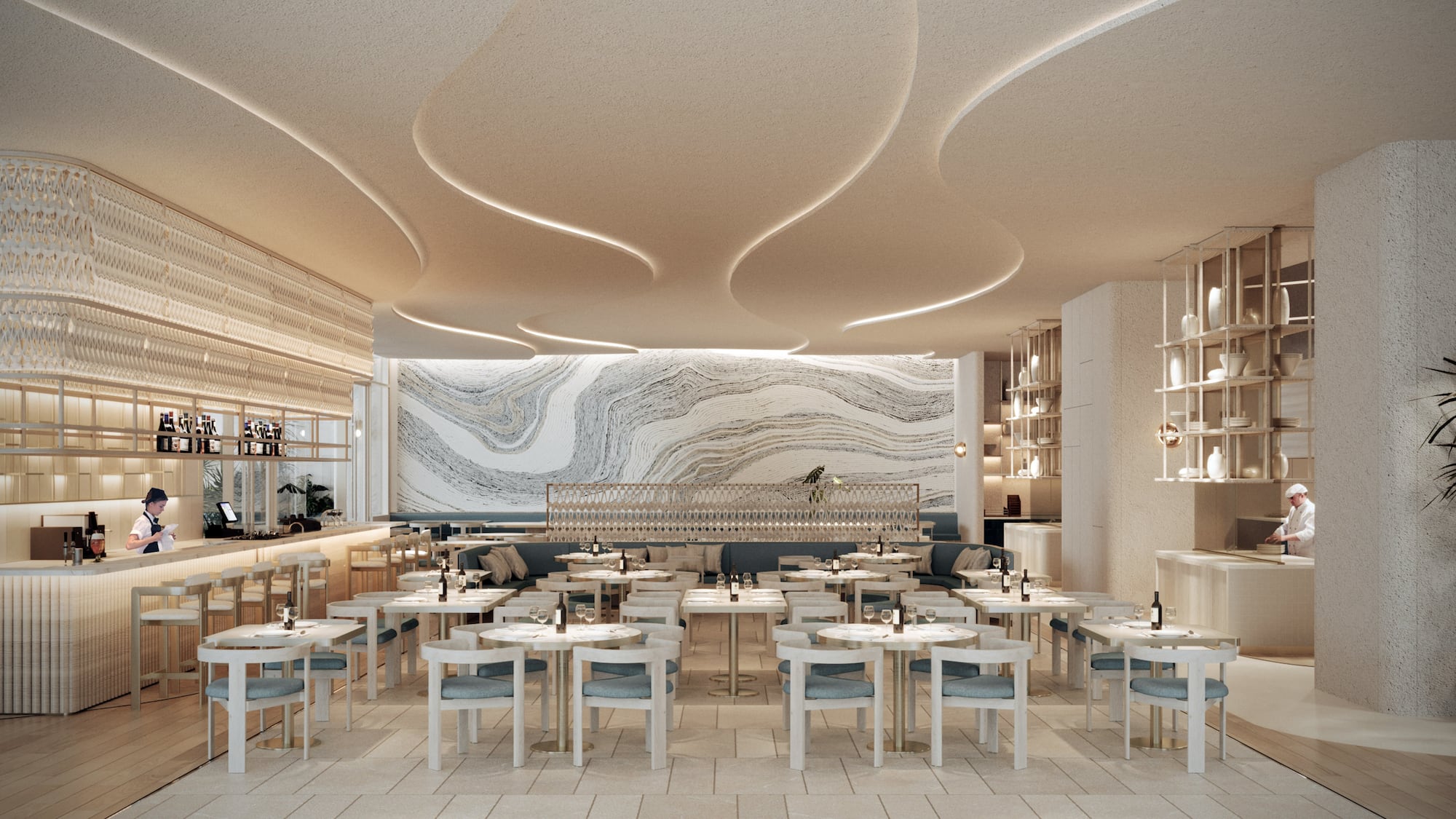 a restaurant with tables and chairs