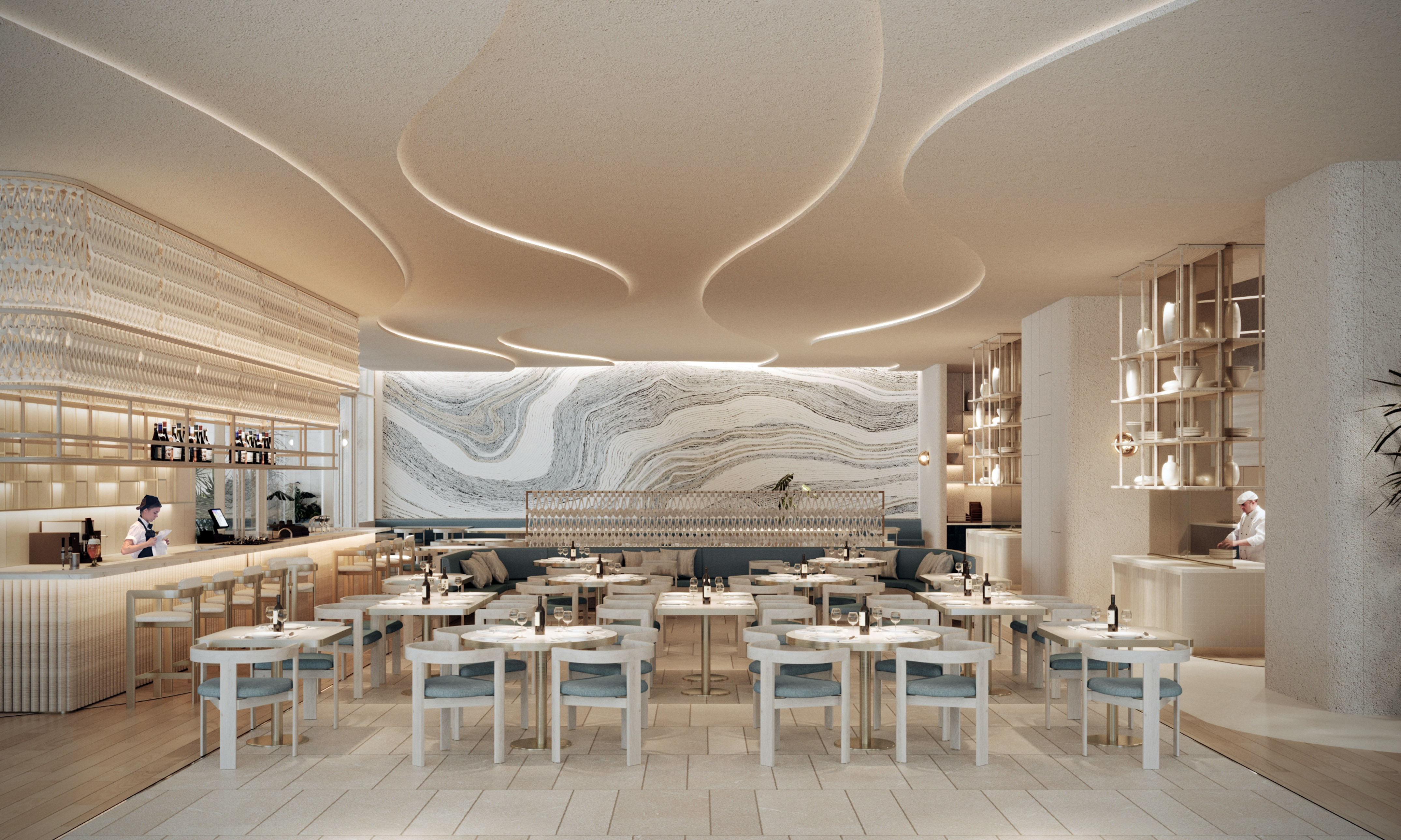 a restaurant with tables and chairs