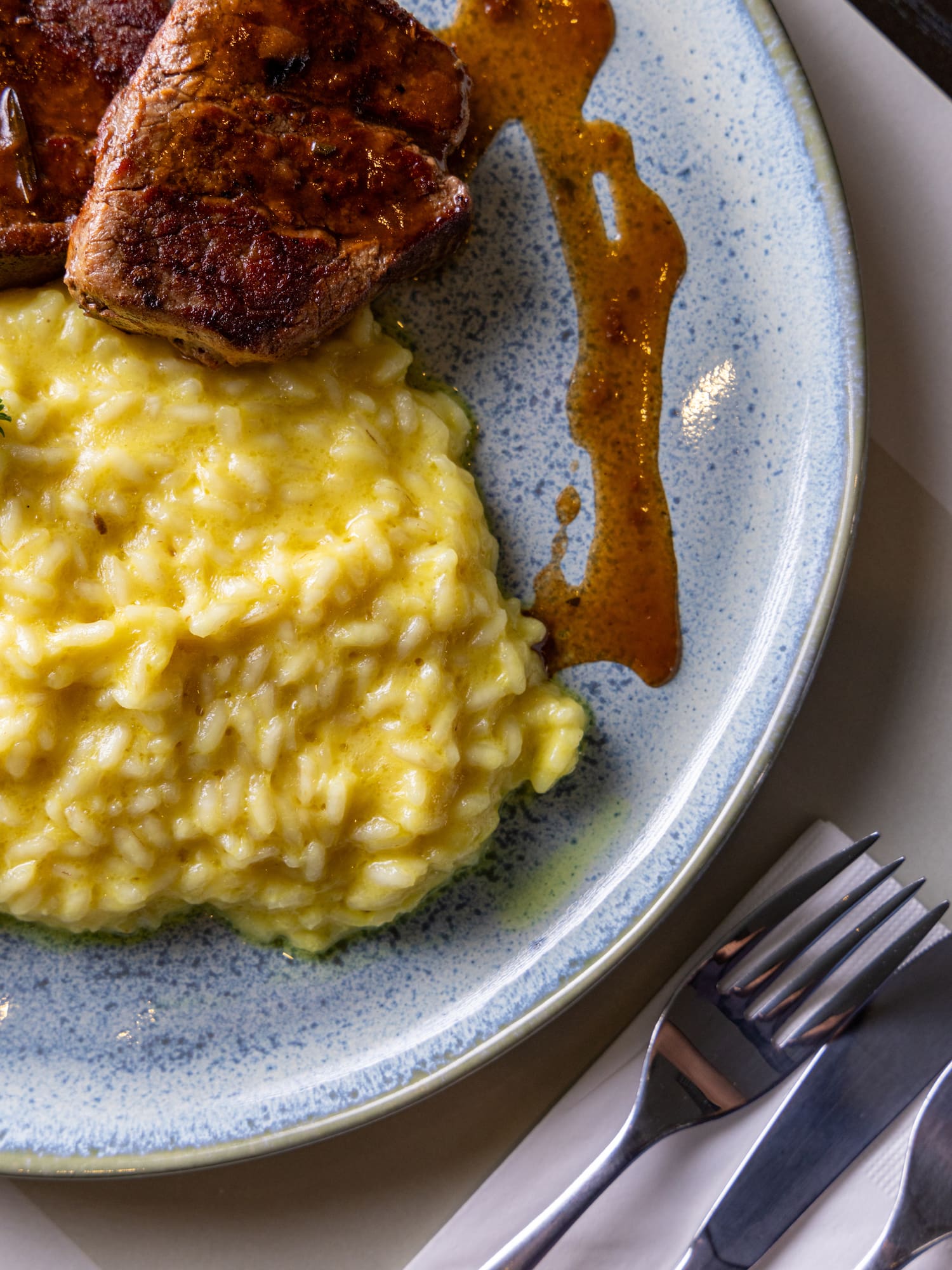 a plate of food with fork and knife