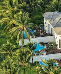 a house with a pool surrounded by palm trees