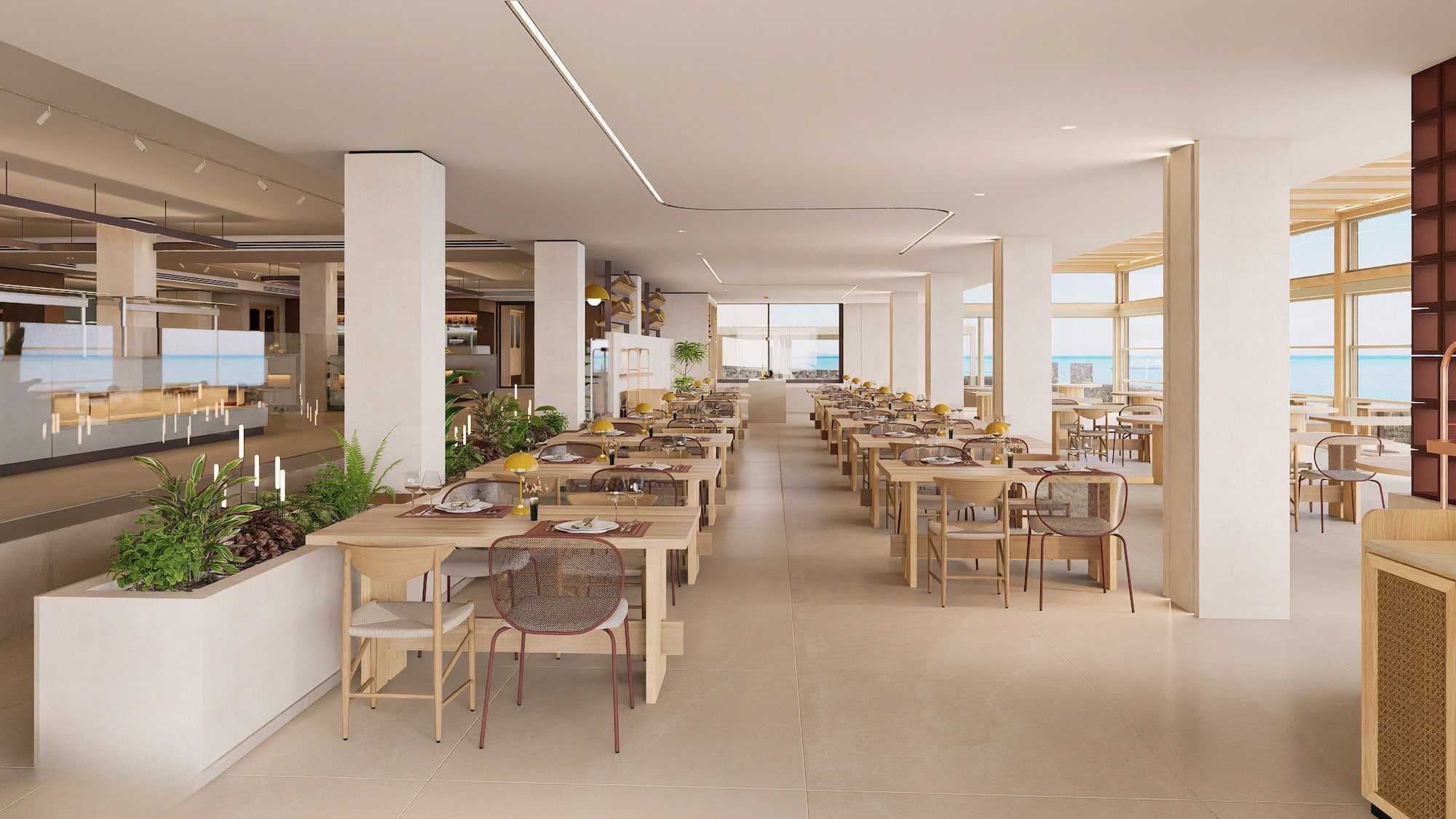 a room with tables and chairs