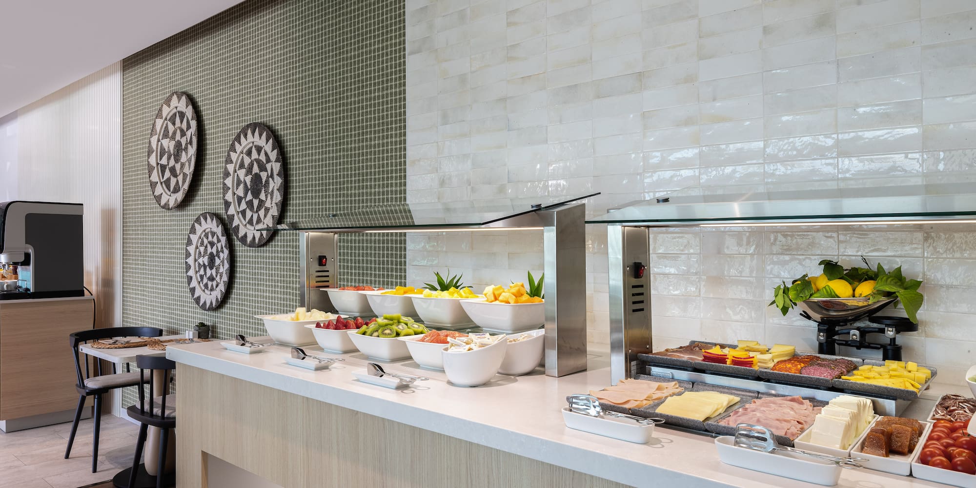 a buffet with food on the counter