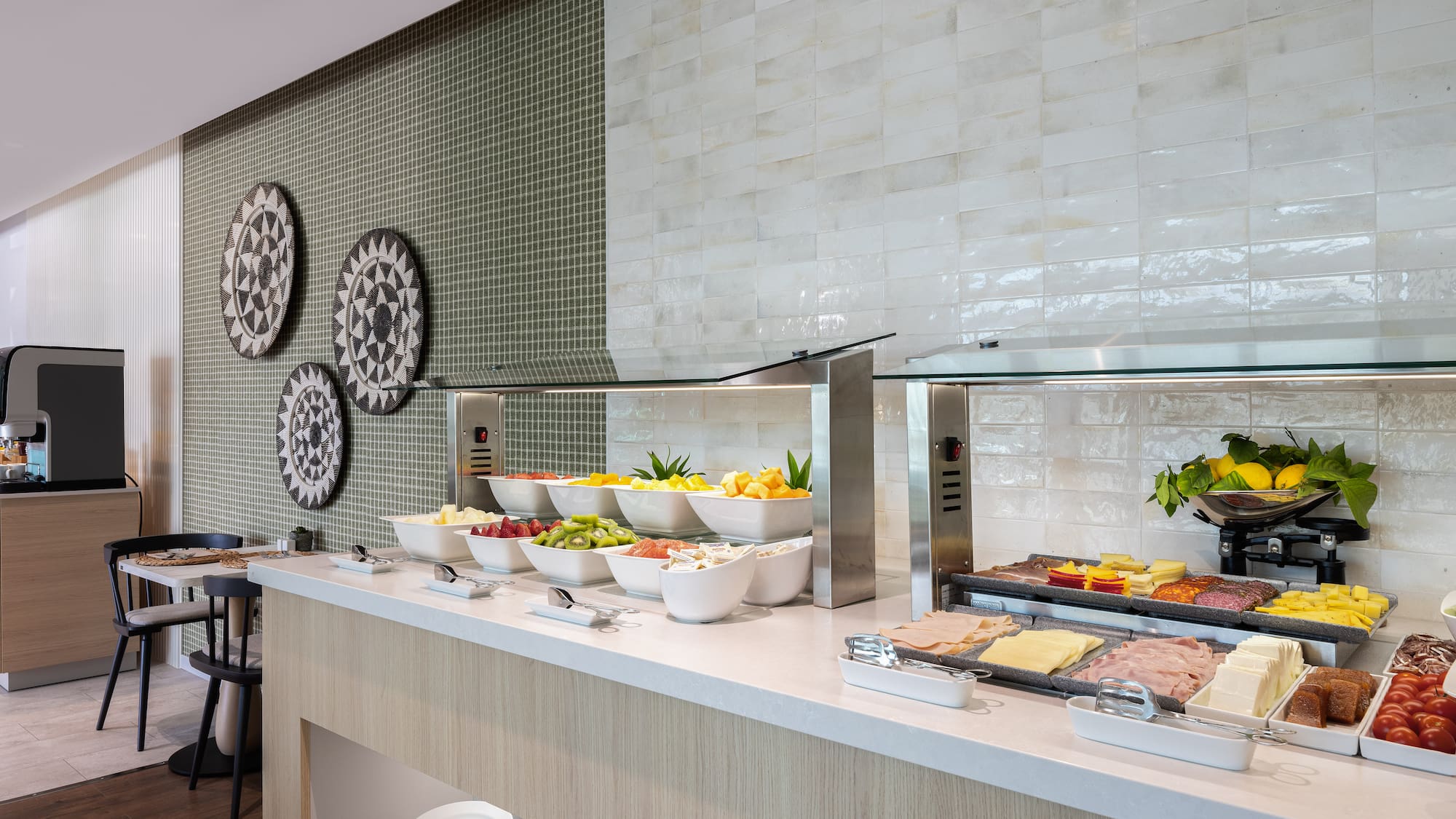 a buffet with food on the counter