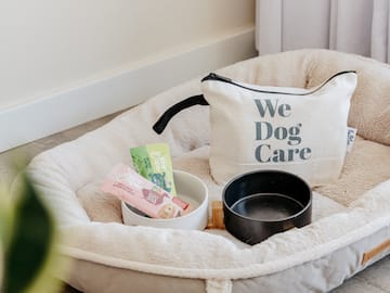 a dog bed with food and a bag on it