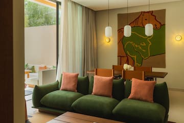 a living room with a couch and a table