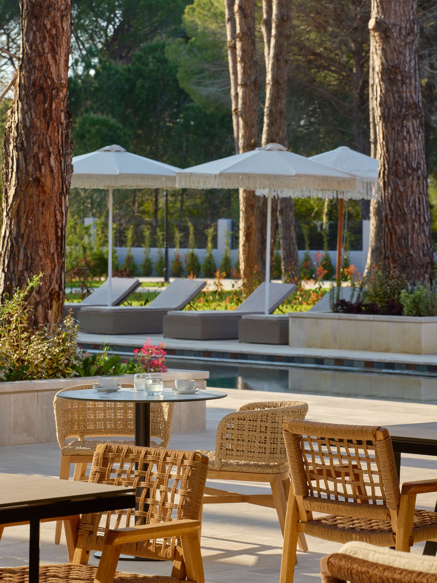 a table and chairs by a pool