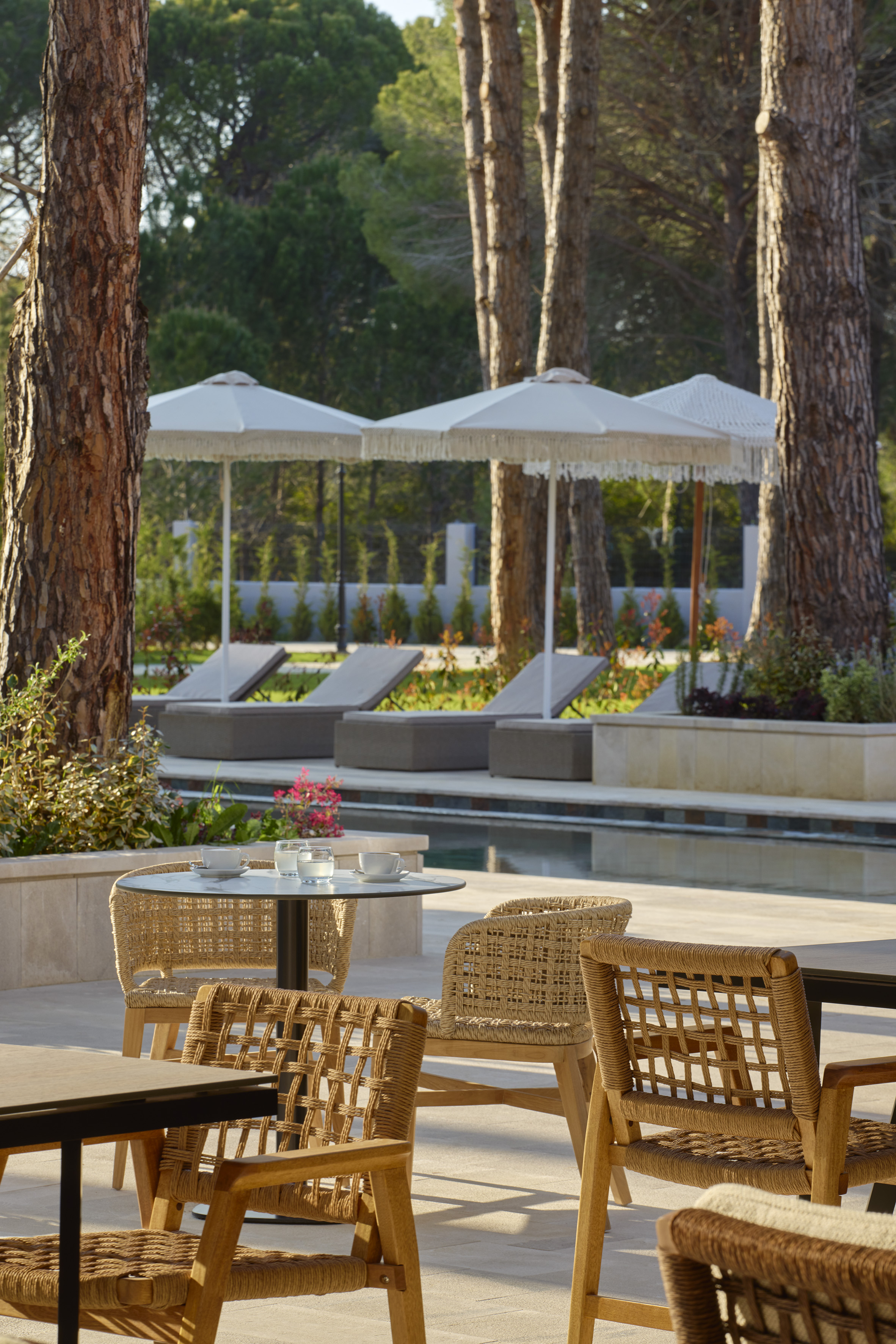 Sunny patio with woven chairs, pool, sunbeds, fringed umbrellas, and pine trees.