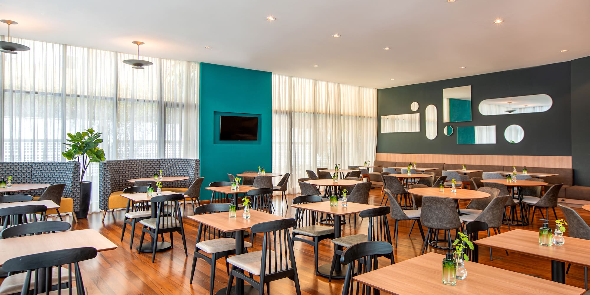 a room with tables and chairs