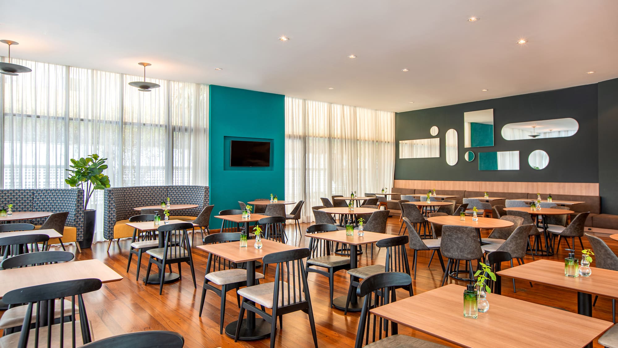 a room with tables and chairs