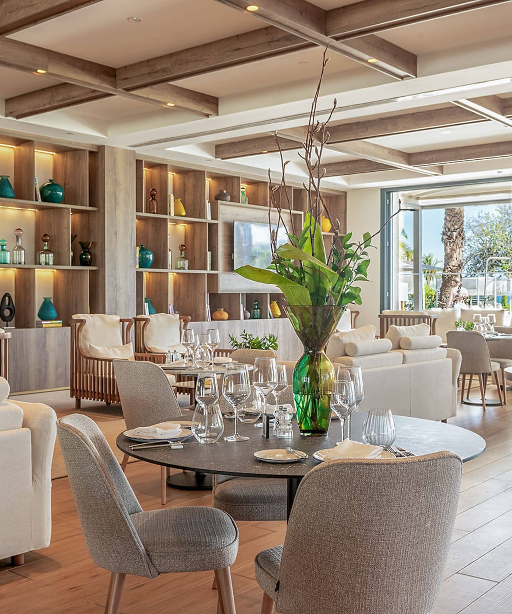 a room with tables and chairs