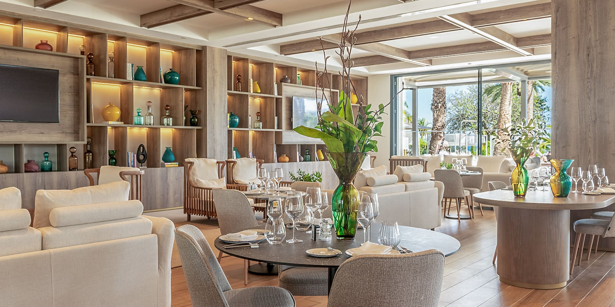 a room with tables and chairs