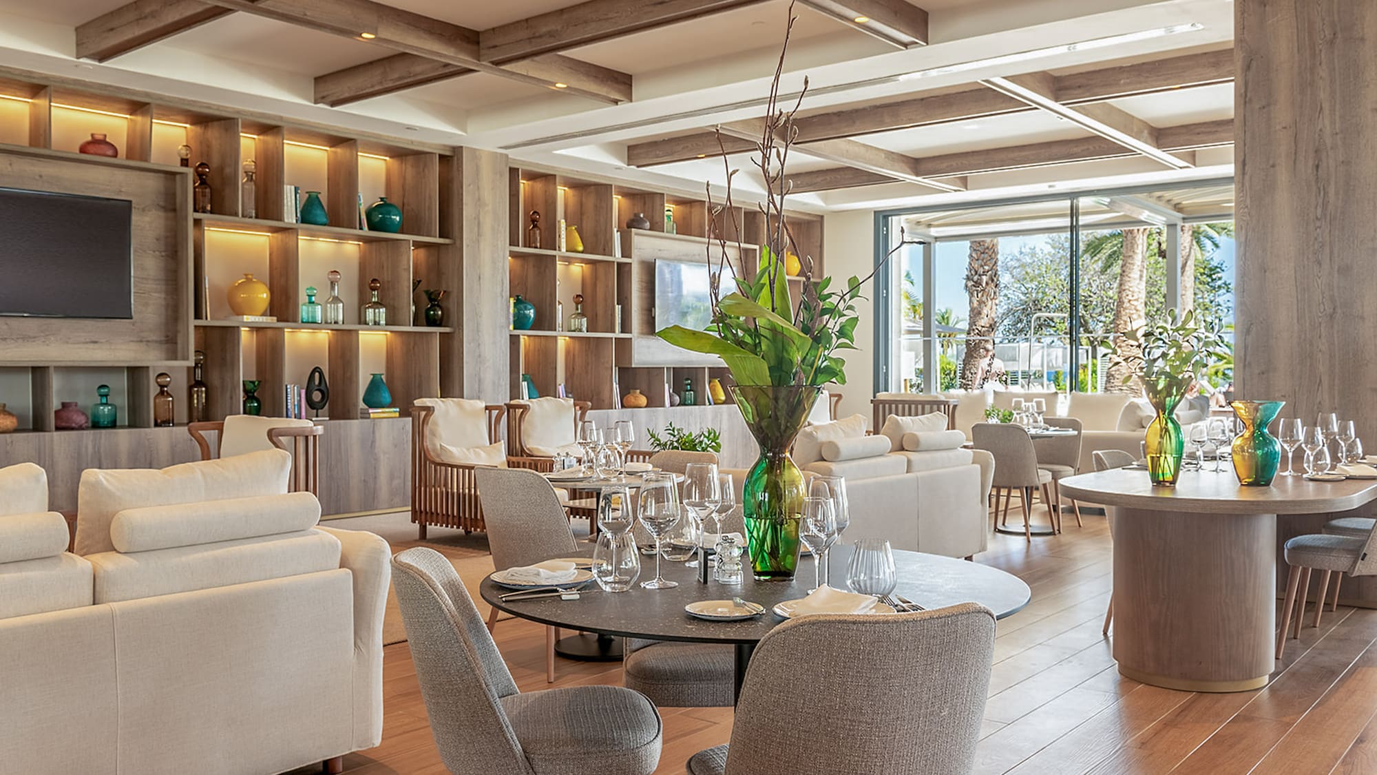 a room with tables and chairs