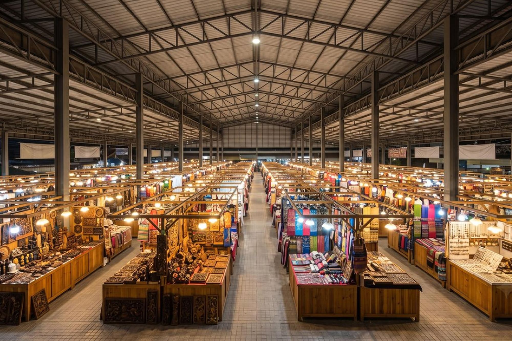 Illuminated indoor market with rows of craft and textile stalls.