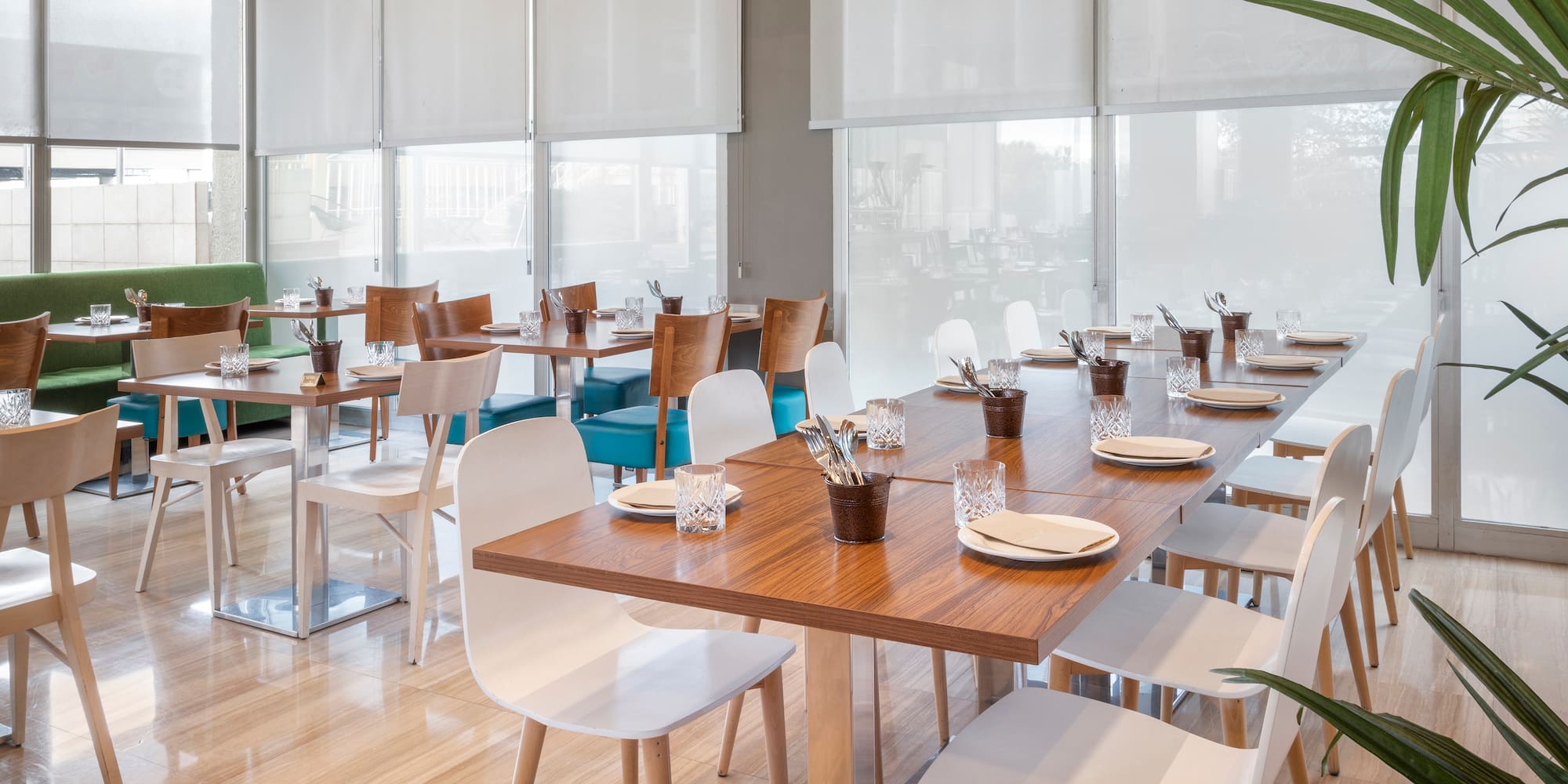 a room with tables and chairs