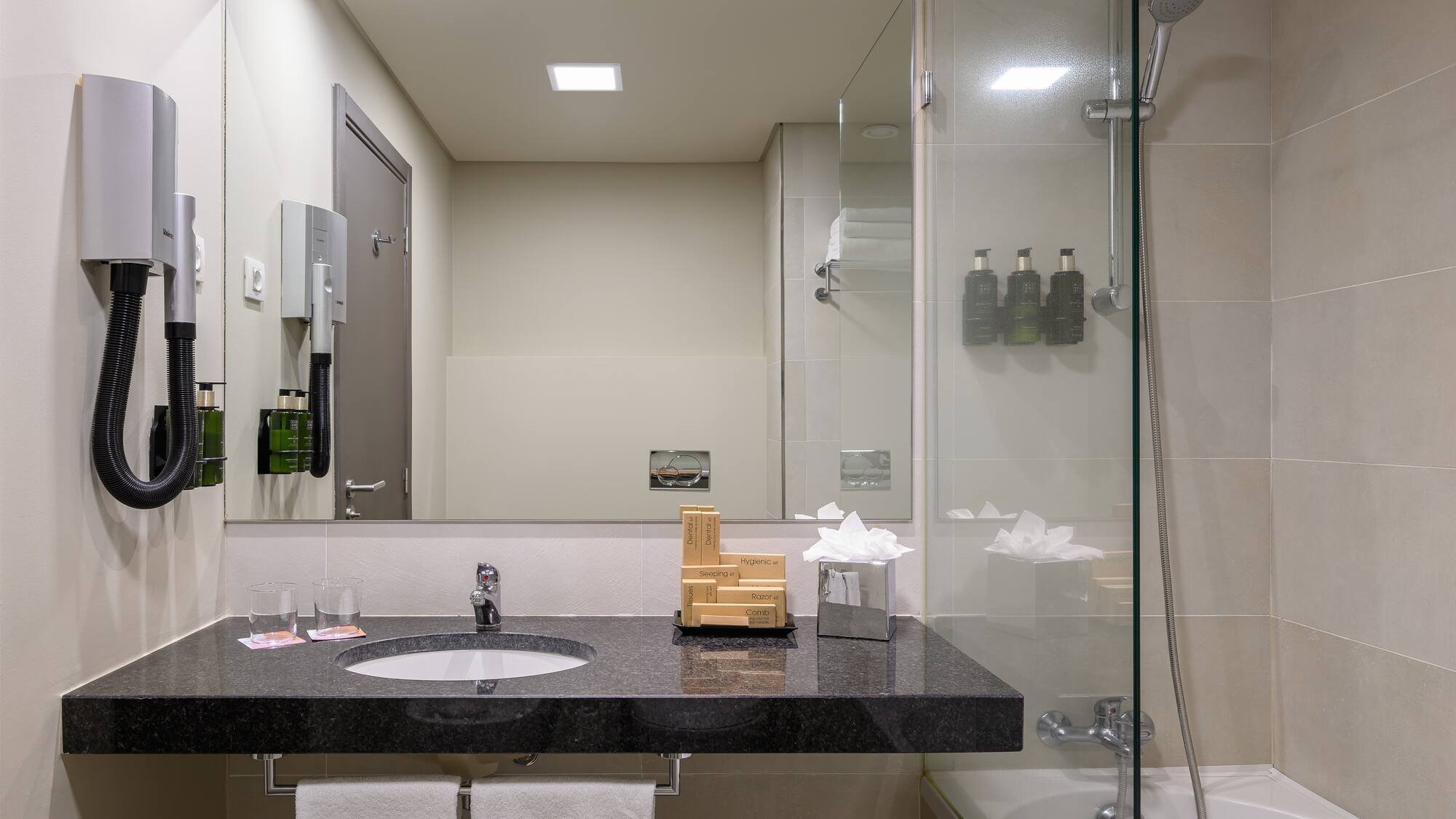 a bathroom with a sink and a shower