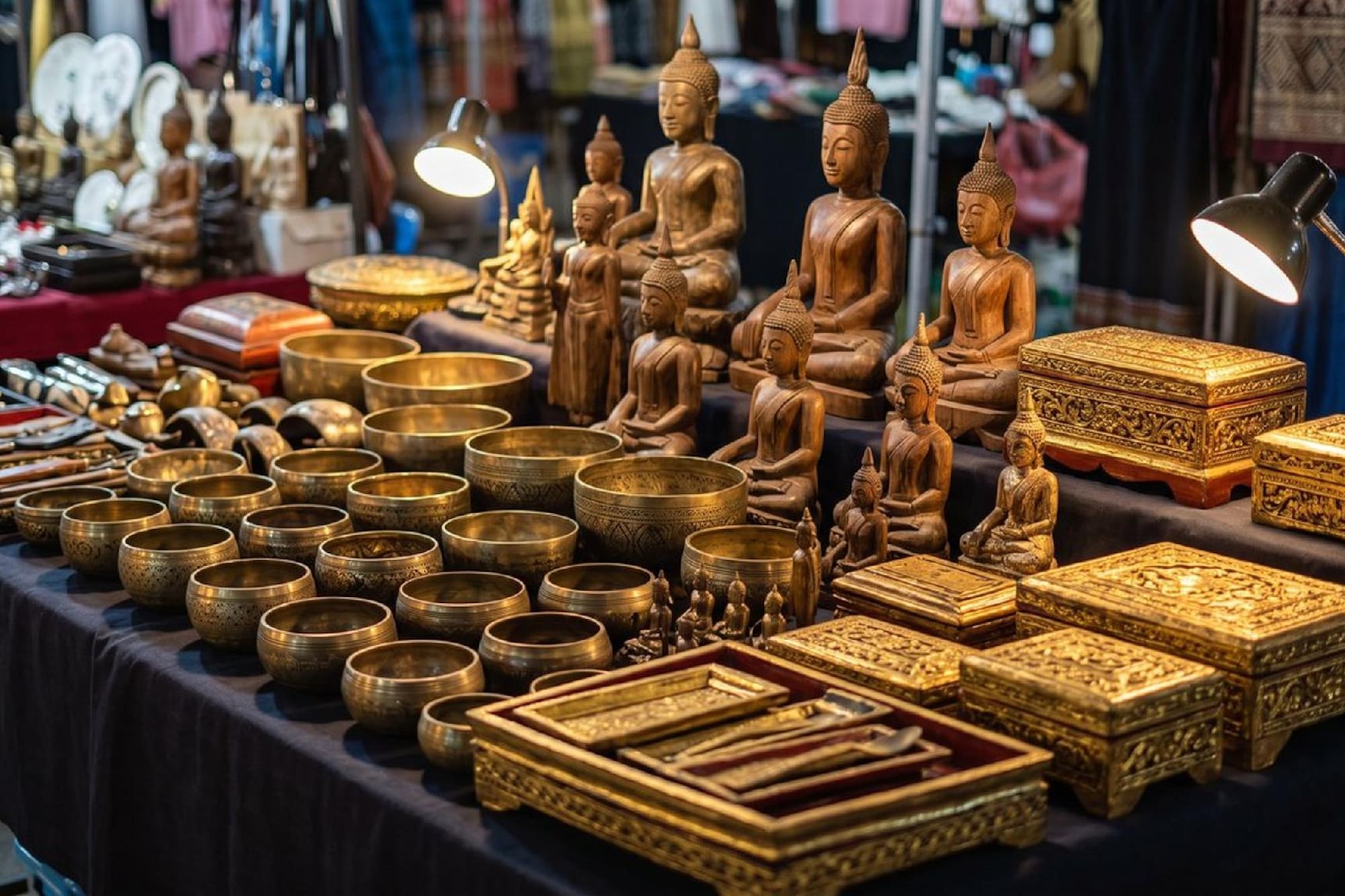 Thai market stall with Buddha statues, singing bowls, and ornate golden boxes.