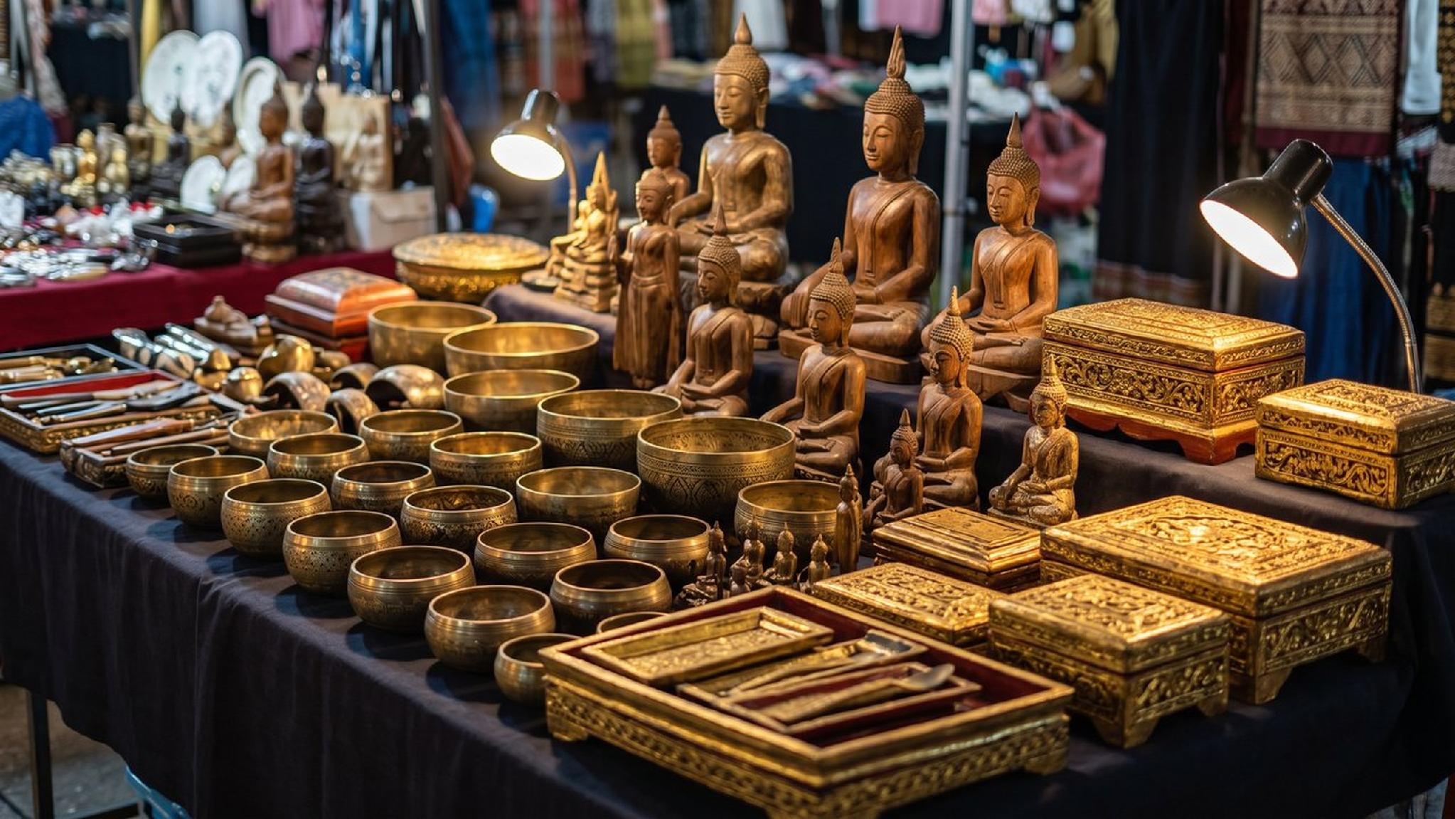 Thai market stall with Buddha statues, singing bowls, and ornate golden boxes.
