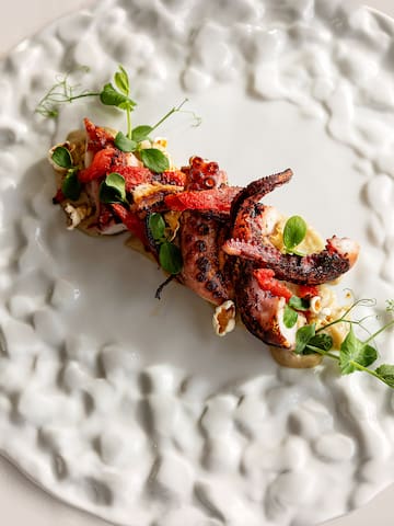 a plate of food on a white surface