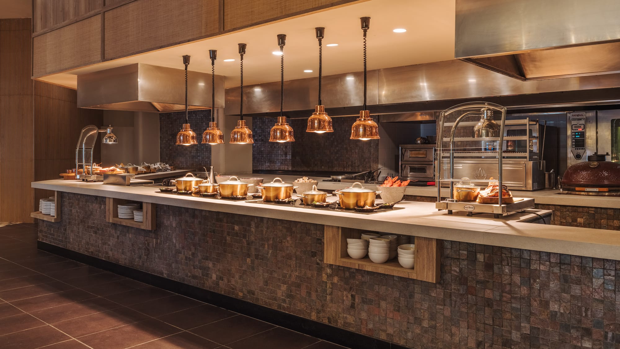 a kitchen with many pots and pans