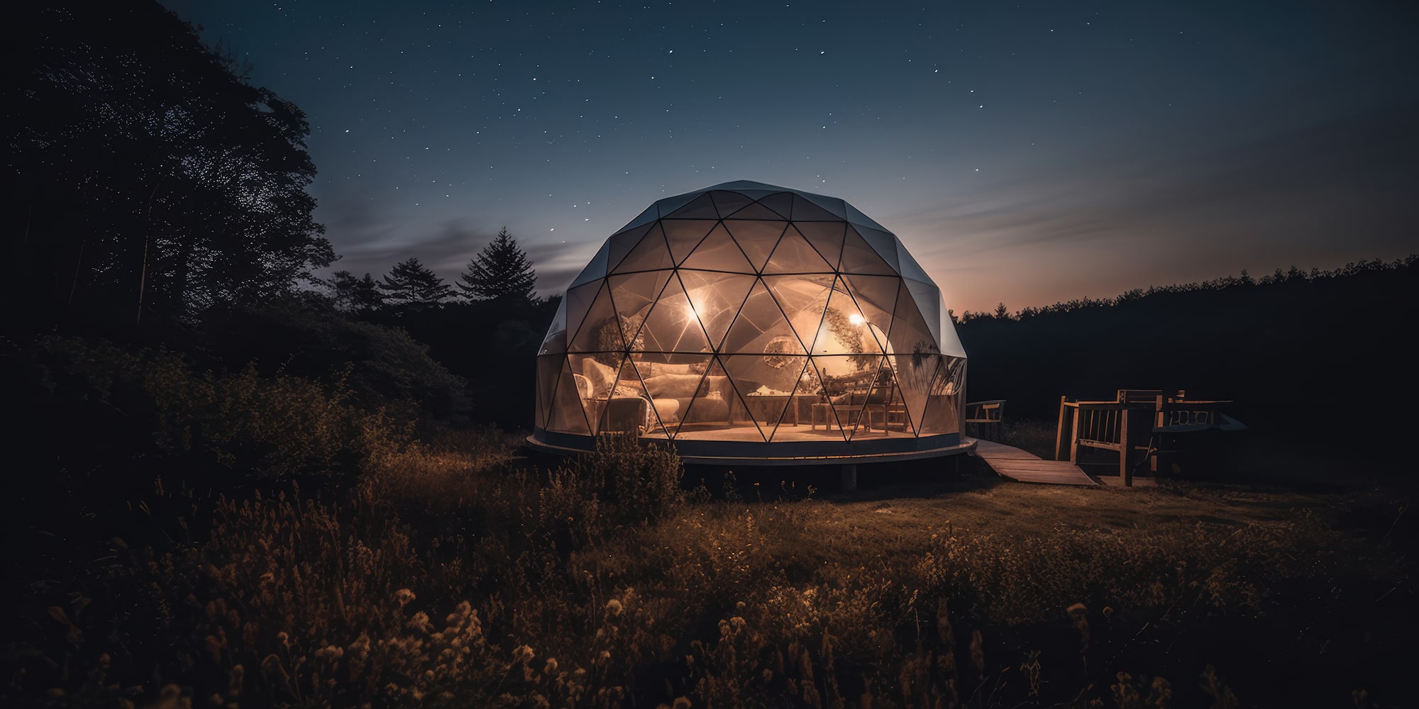 a glass dome house with a deck and a walkway in the middle