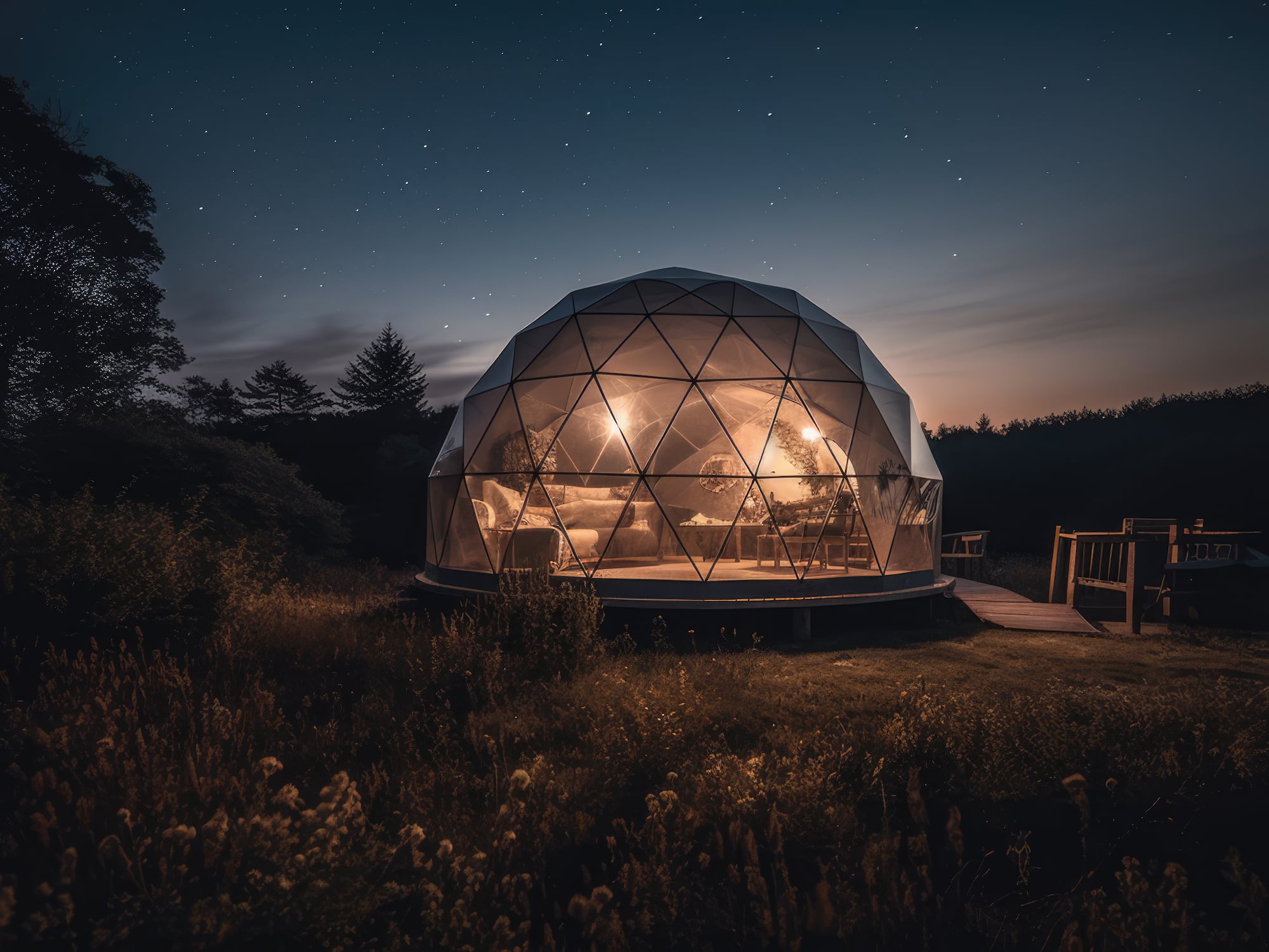 a glass dome house with a deck and a walkway in the middle