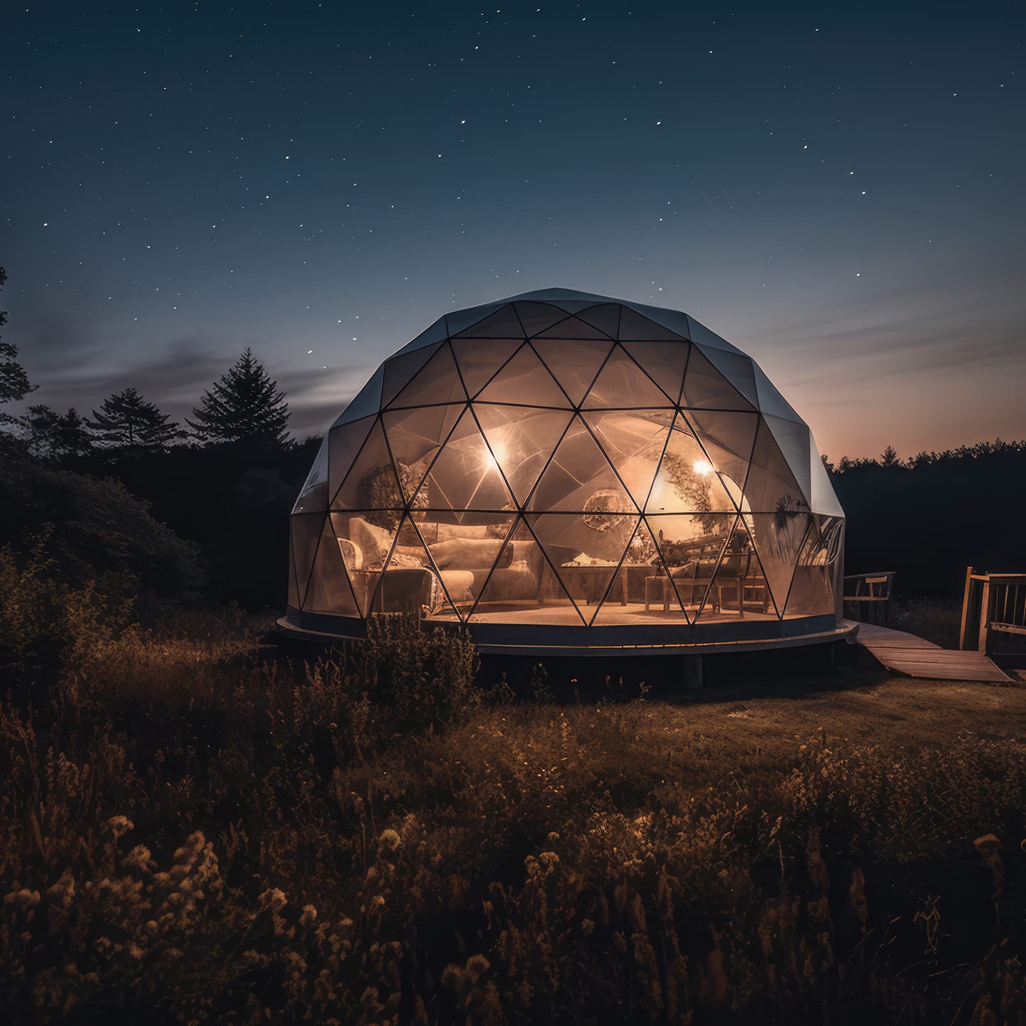 a glass dome house with a deck and a walkway in the middle