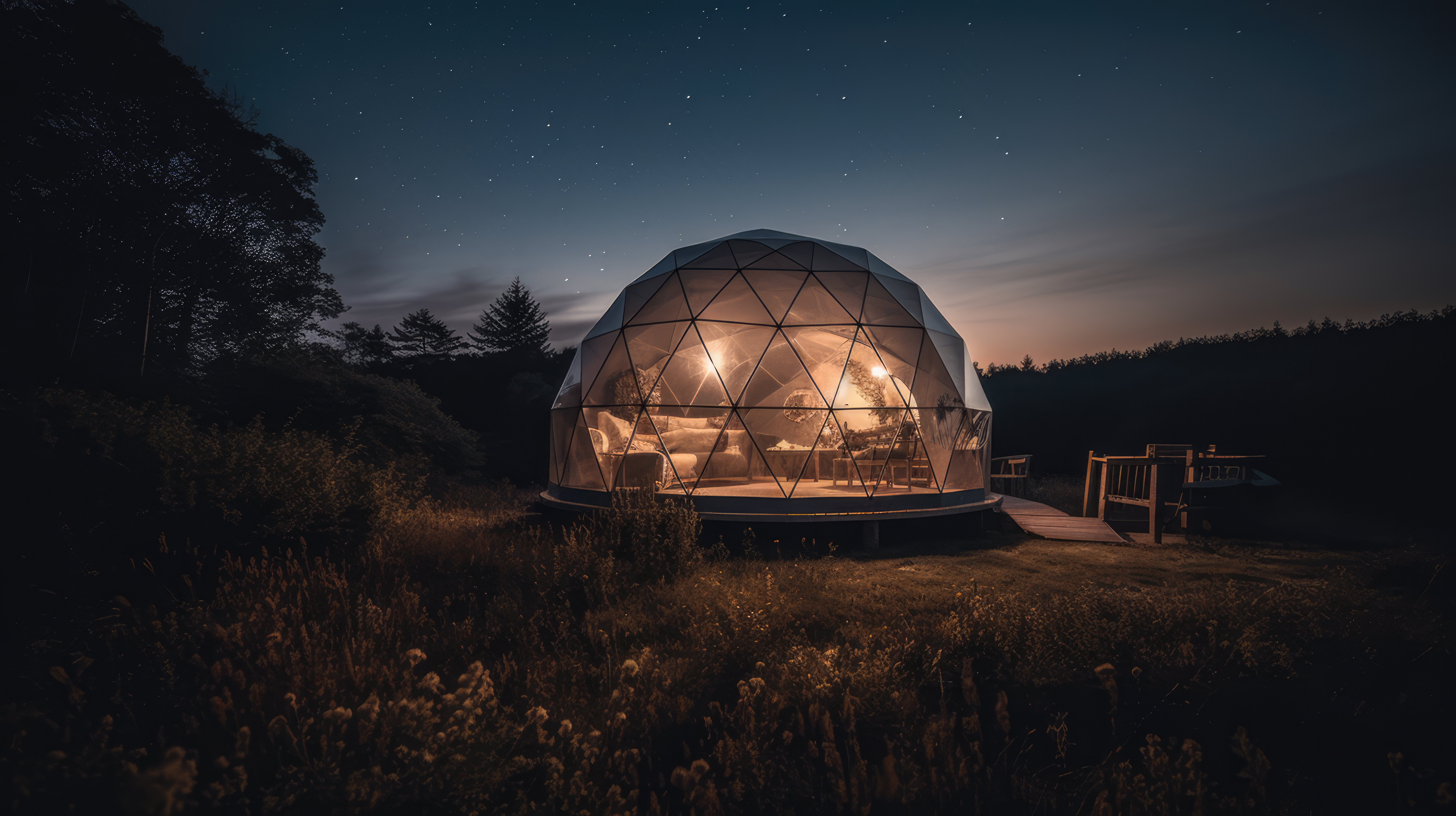 a glass dome house with a deck and a walkway in the middle